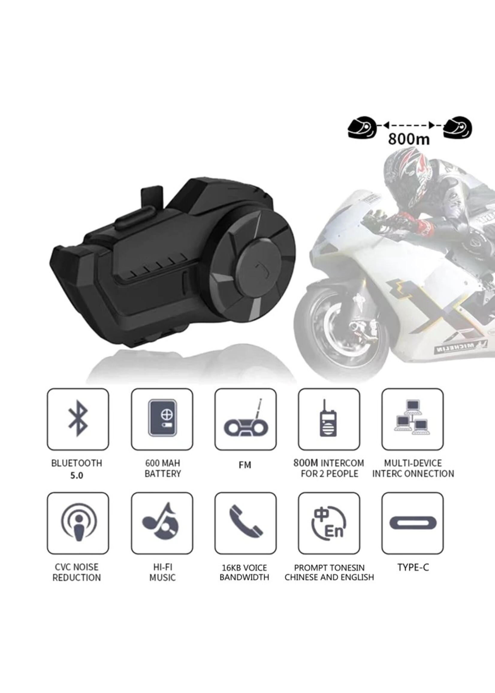 HY-1001 Motor Bluetooth Helm Intercom Headset met 800M BT 5.0 Interphone voor 2 Rijders Waterdichte Intercommunicator