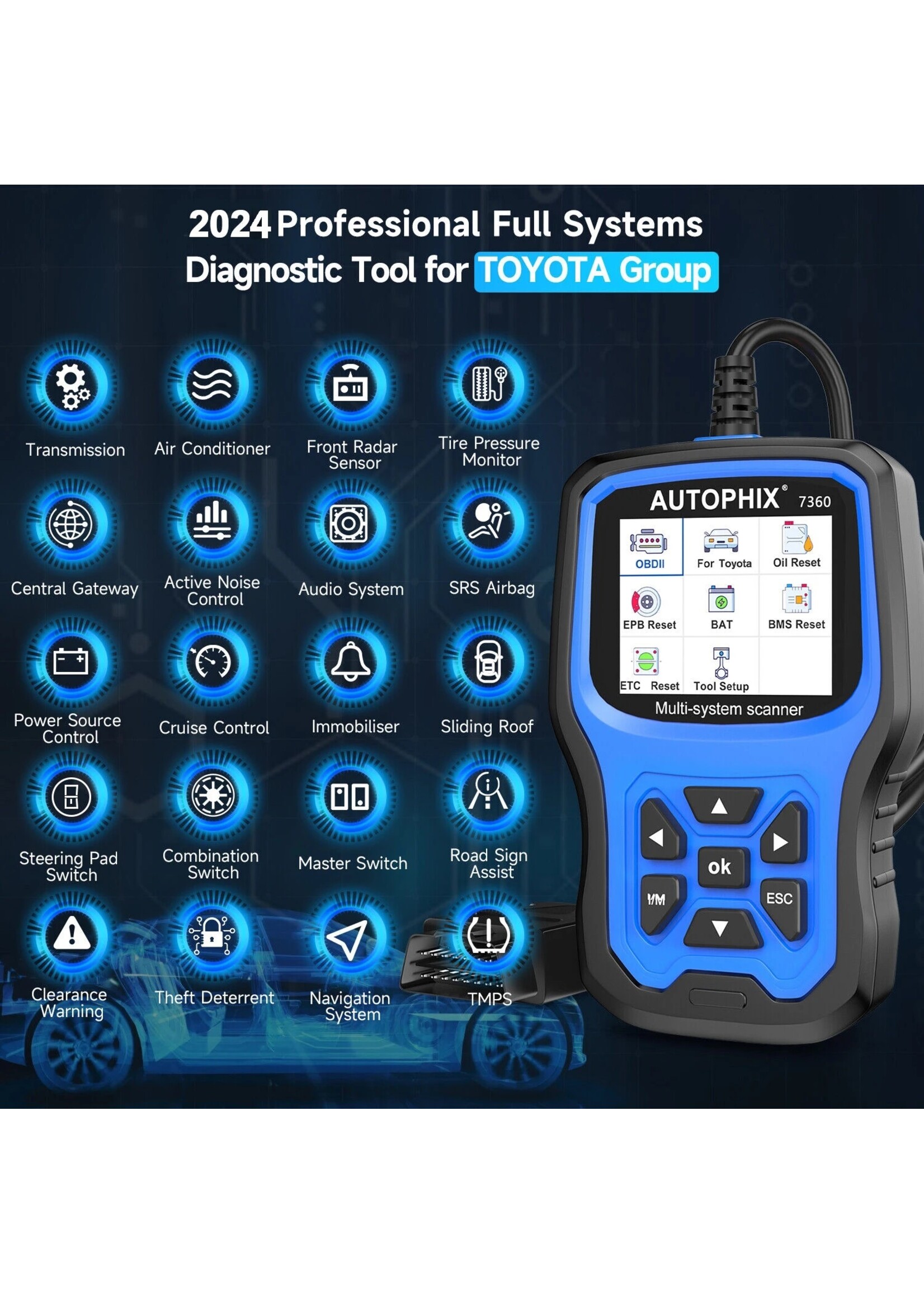 Autophix AUTOPHIX 7360 voor Toyota.  OBD2 Scanner Alle Systeem Scan Automotive Code Reader ABS EPB SRS OLIE BAT Reset Diagnostische tool