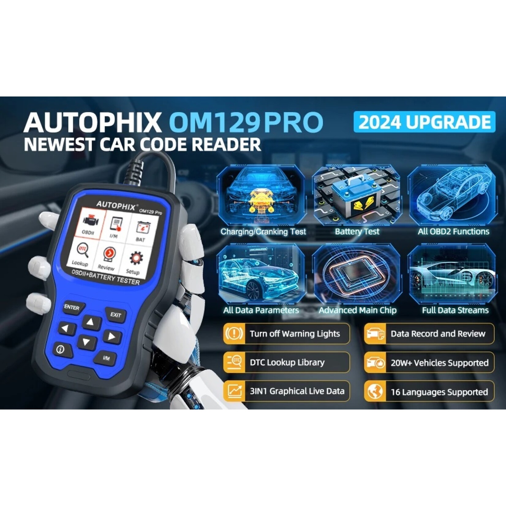 Autophix AUTOPHIX OM129 Pro 2 In1 OBD2 Scanner Batterij Tester