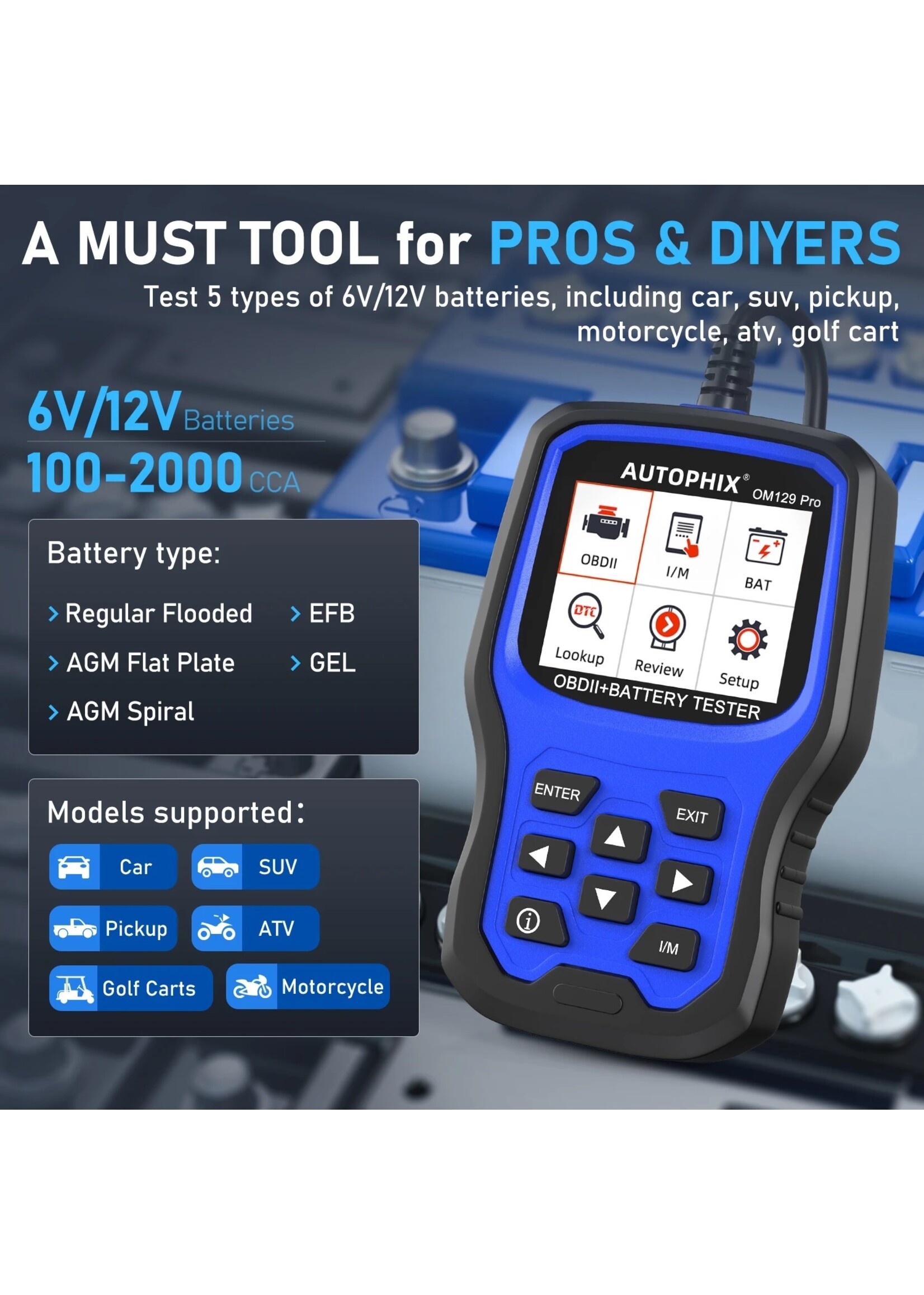 Autophix AUTOPHIX OM129 Pro 2 In1 OBD2 Scanner Batterij Tester