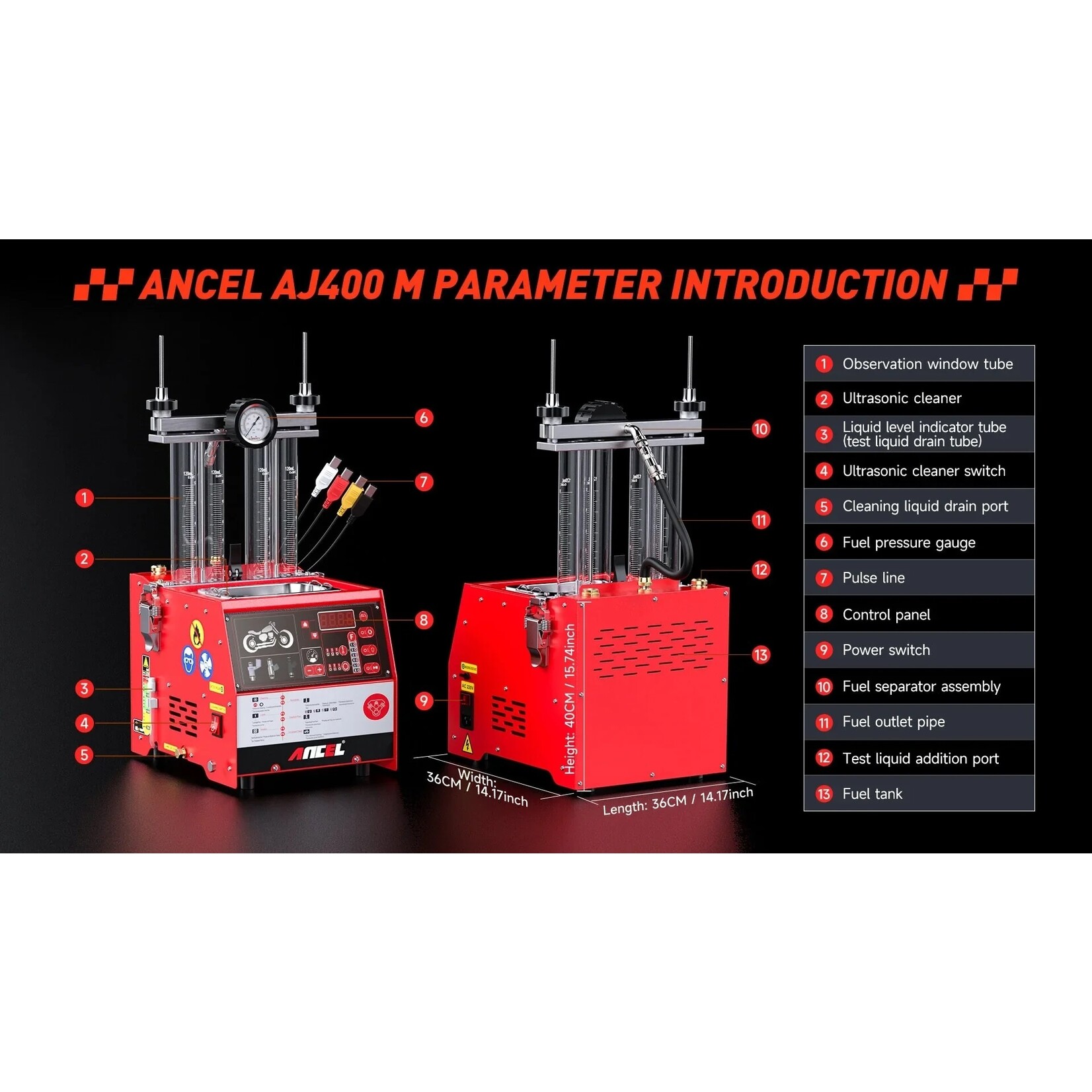 Ancel ANCEL AJ400 M Injectorreinigingsmachine, ultrasone brandstofsysteemreiniger Injectietester 4 cilinders voor motorfiets 110V of 220V