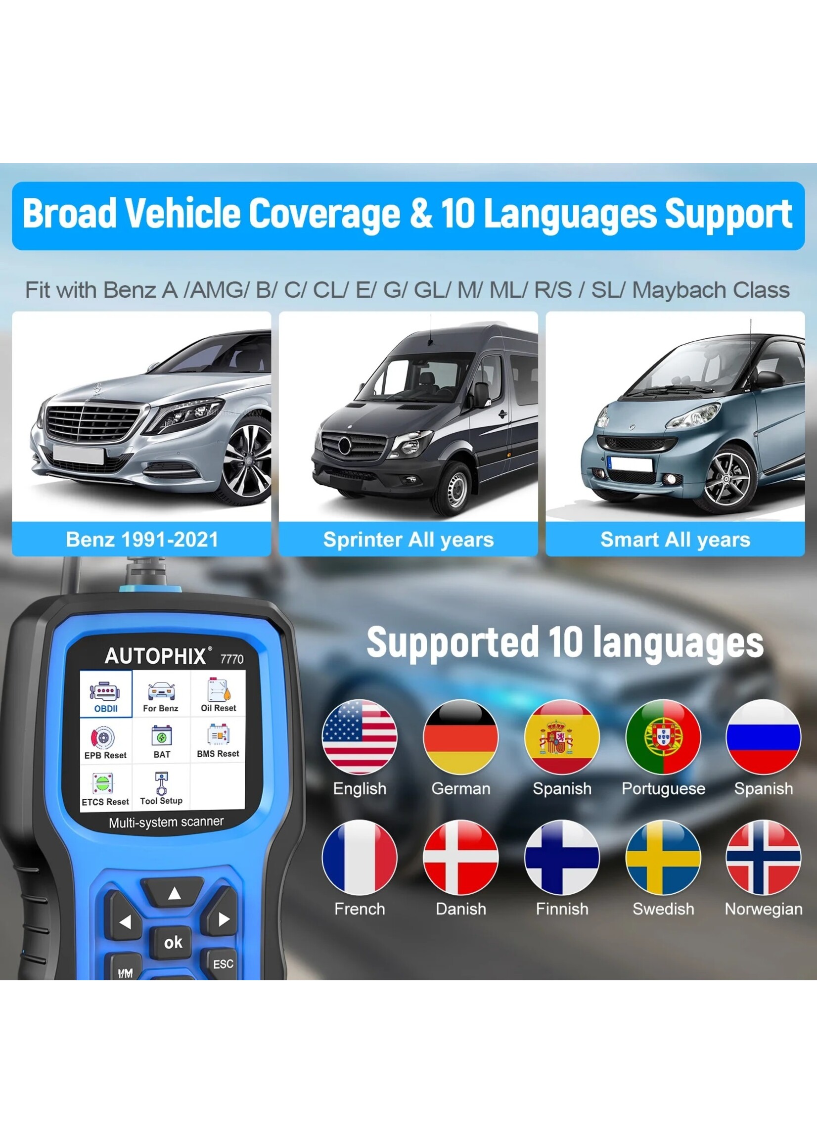 Autophix Autophix 7770 – Professionele OBD2 Scantool voor Mercedes-Benz en Universele Voertuigen
