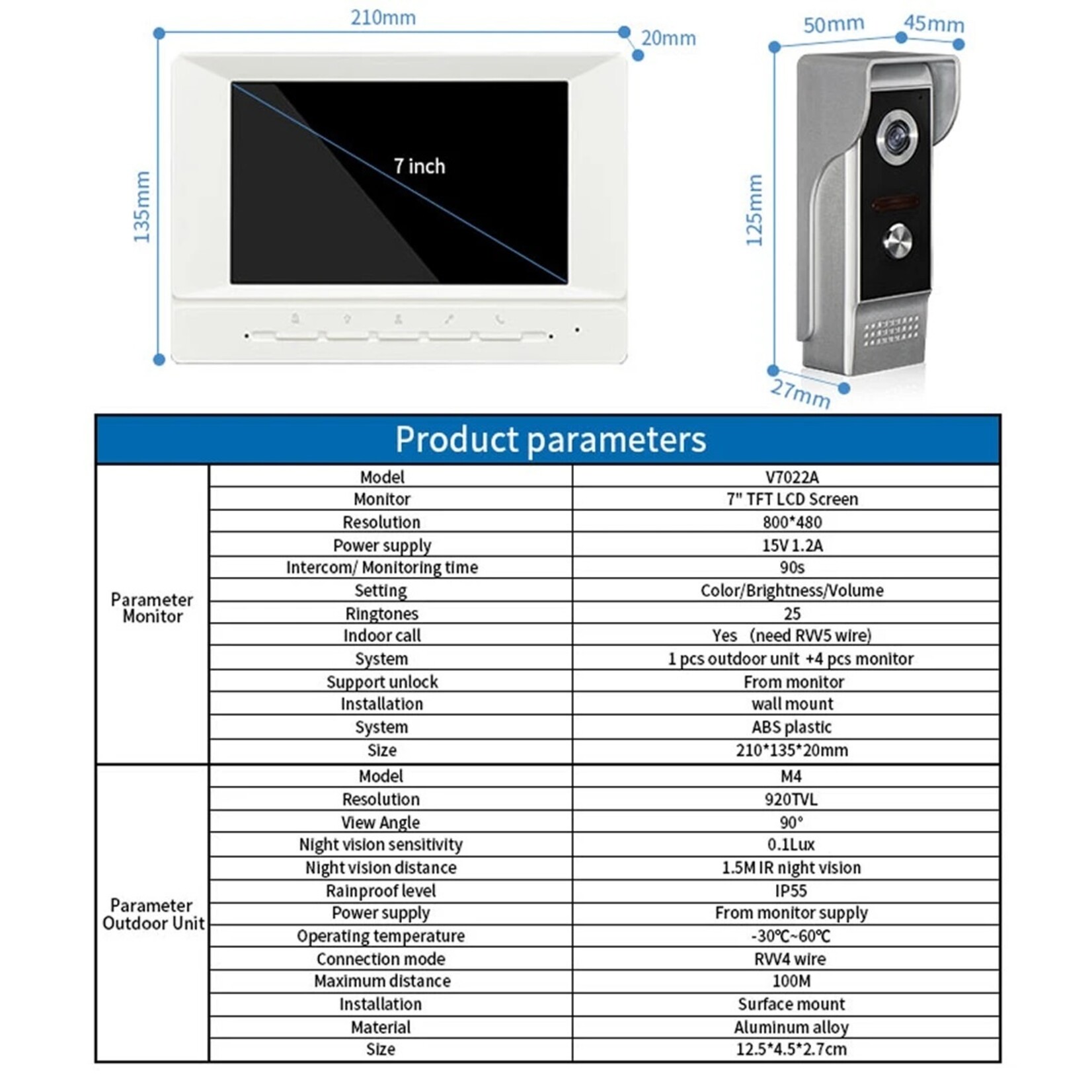 7 inch Visuele intercom deurbel