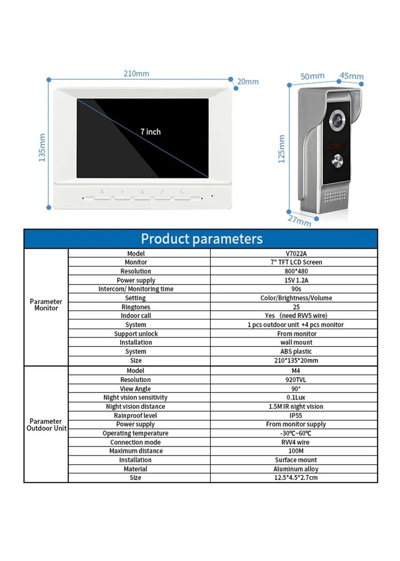7 inch Visuele intercom deurbel