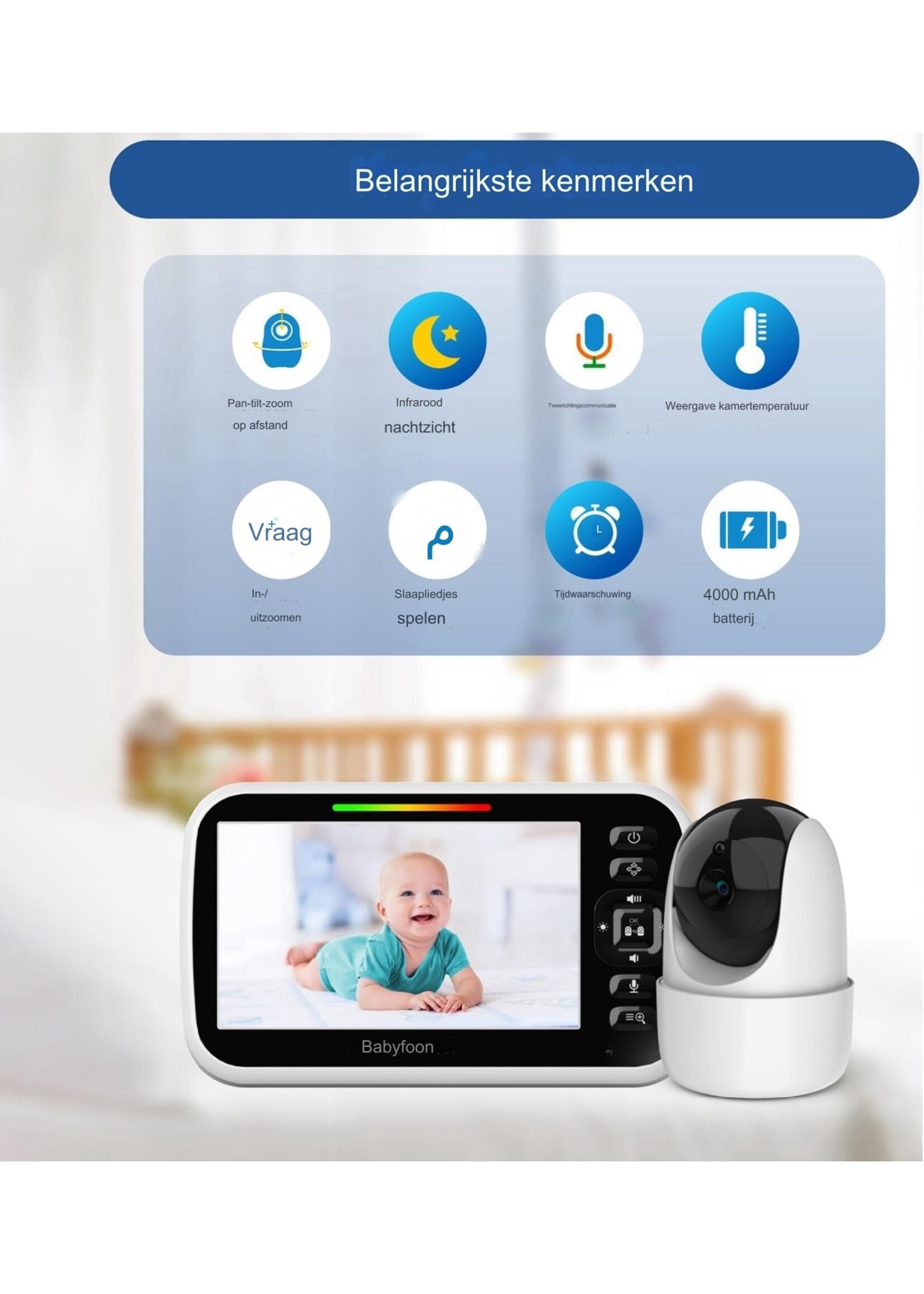 Babyfoon met camera en audio 5 inch scherm