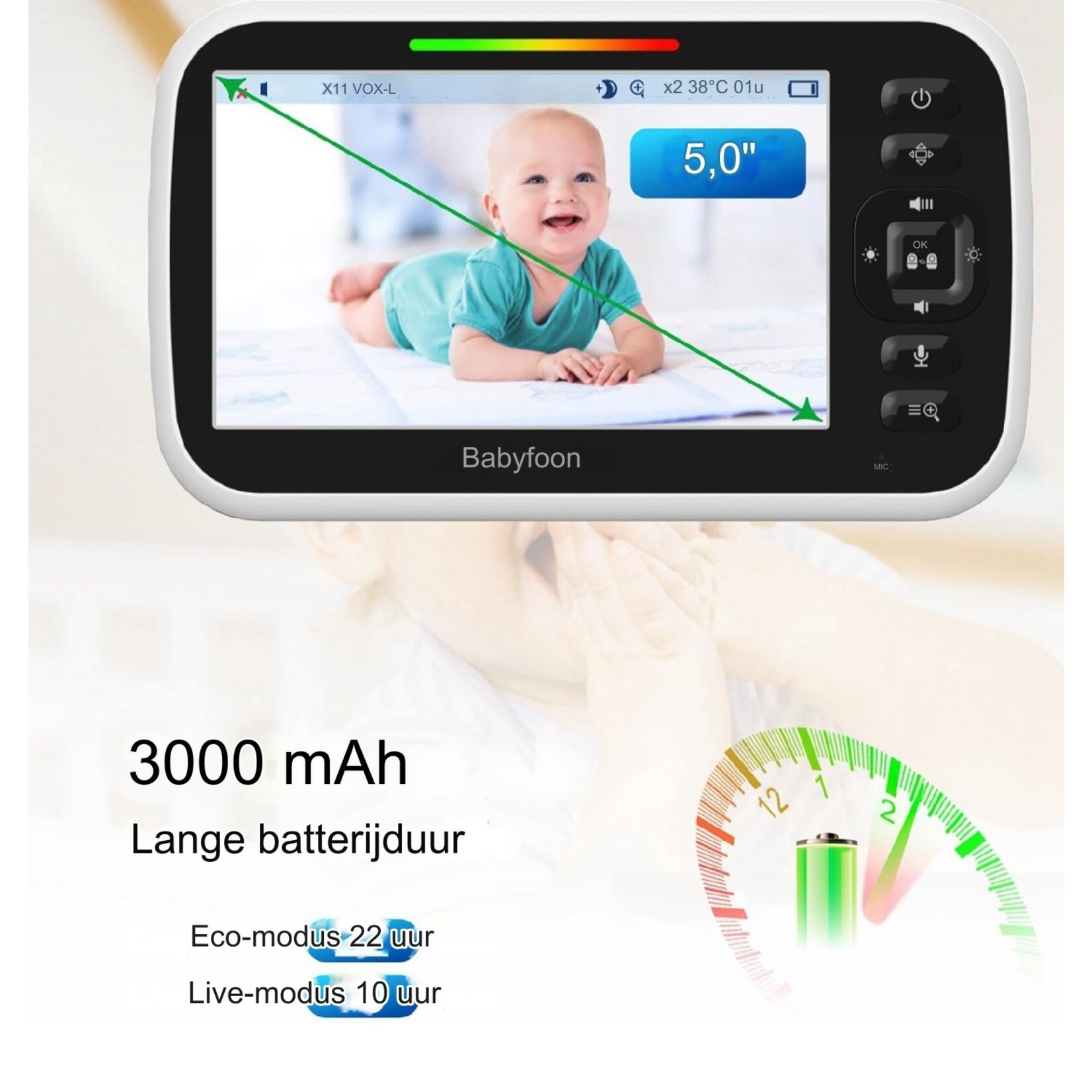 Babyfoon met camera en audio 5 inch scherm