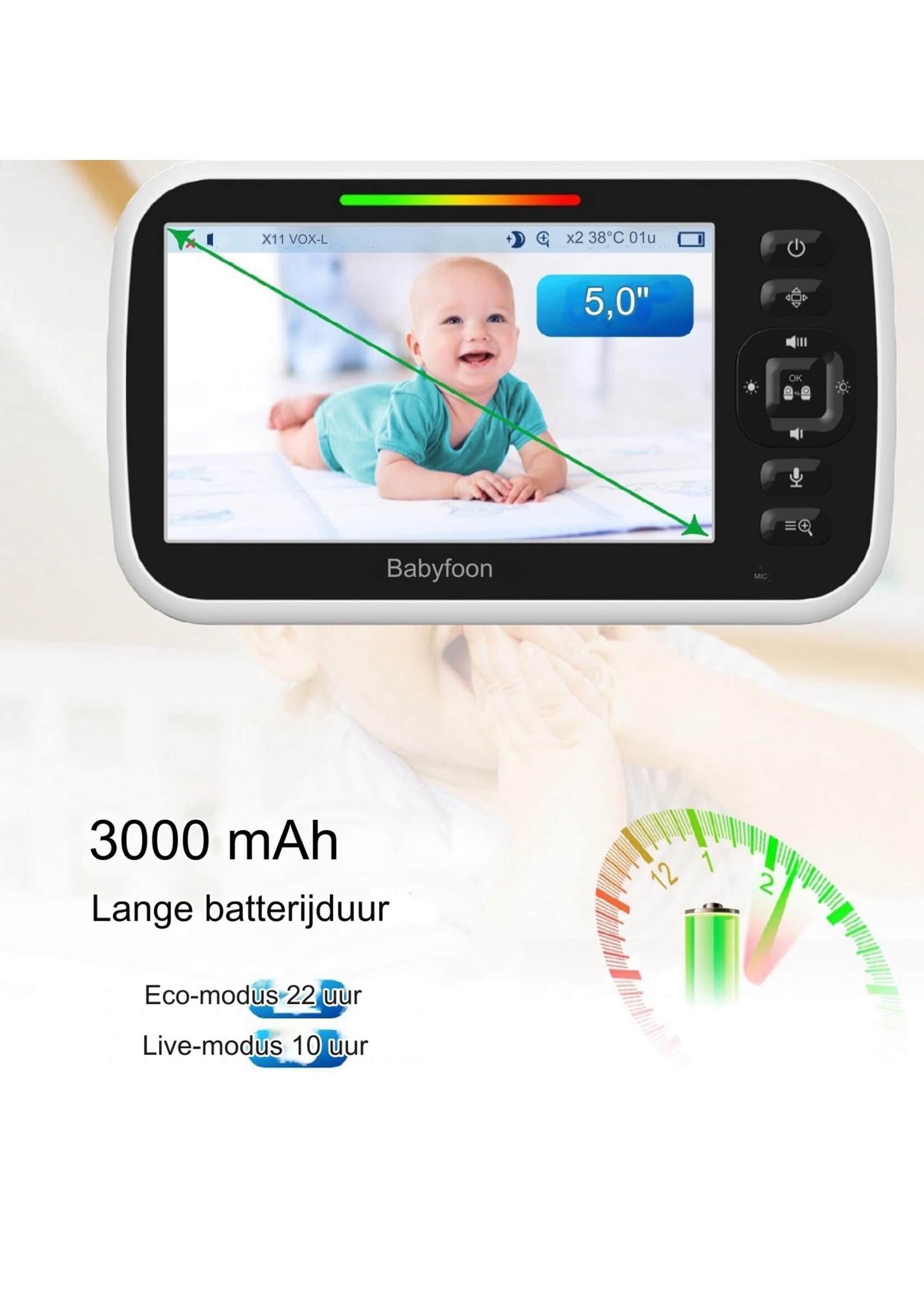 Babyfoon met camera en audio 5 inch scherm