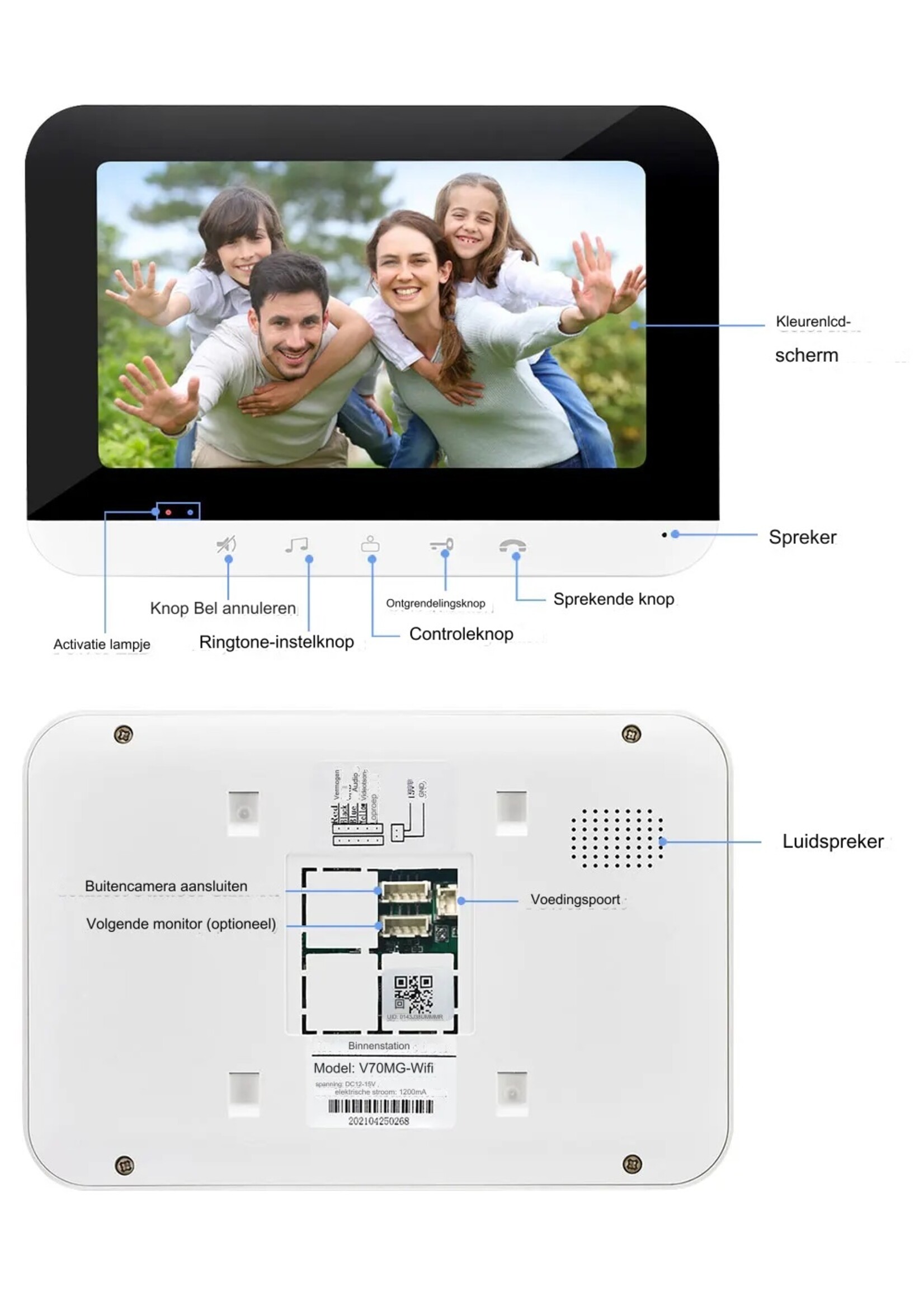 2.4G WIFI IP Video-intercomsysteem 7 "Deurbeltelefoon
