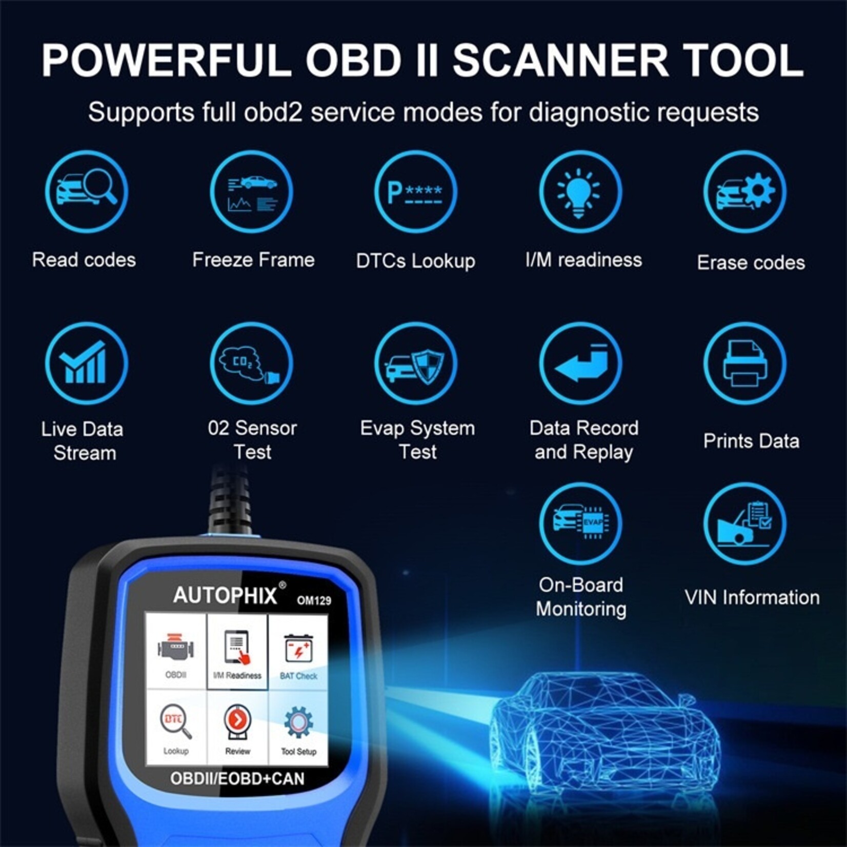 Autophix Autophix OM129 Verbeterde auto-OBD2-scannerbatterijdetectie