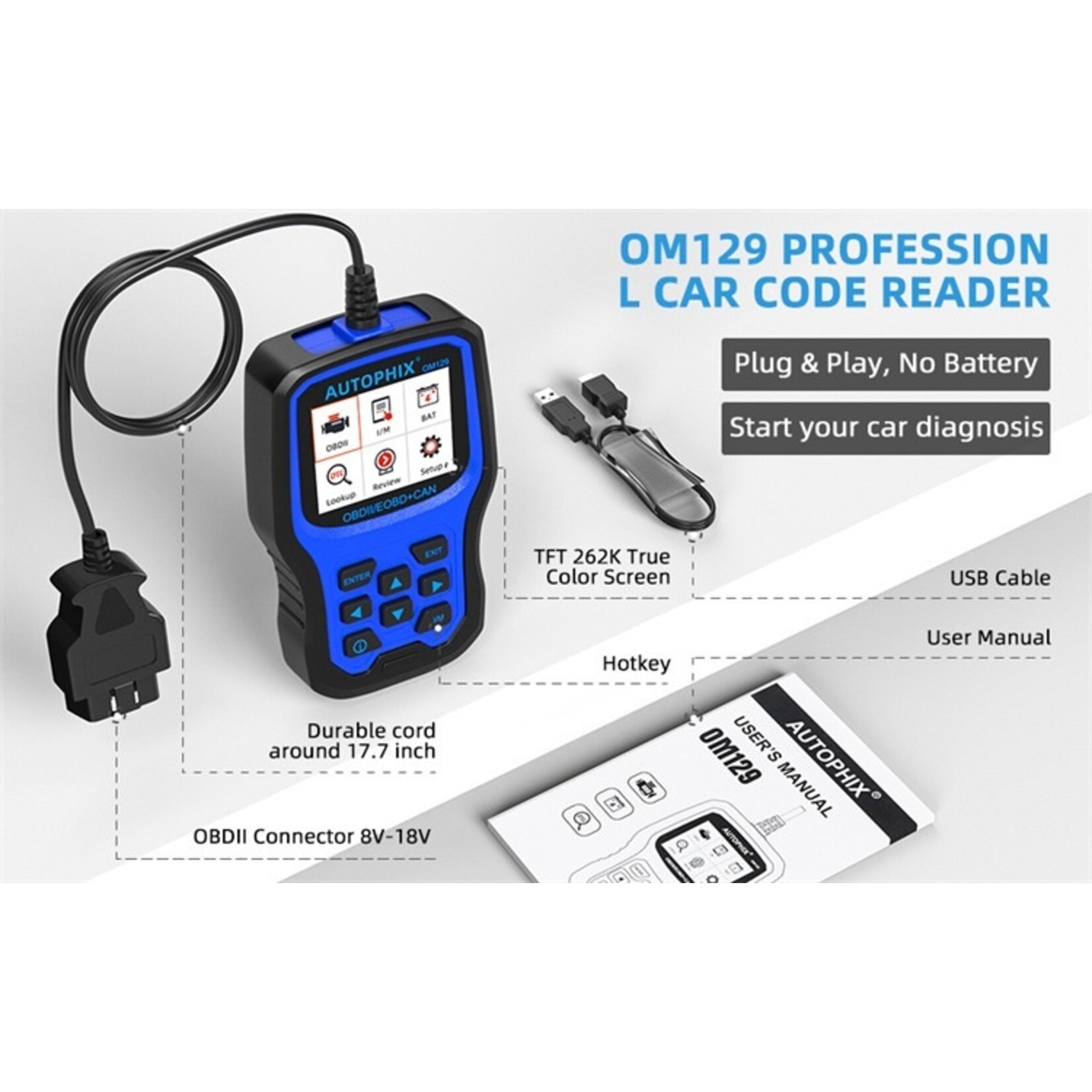 Autophix Autophix OM129 Verbeterde auto-OBD2-scannerbatterijdetectie