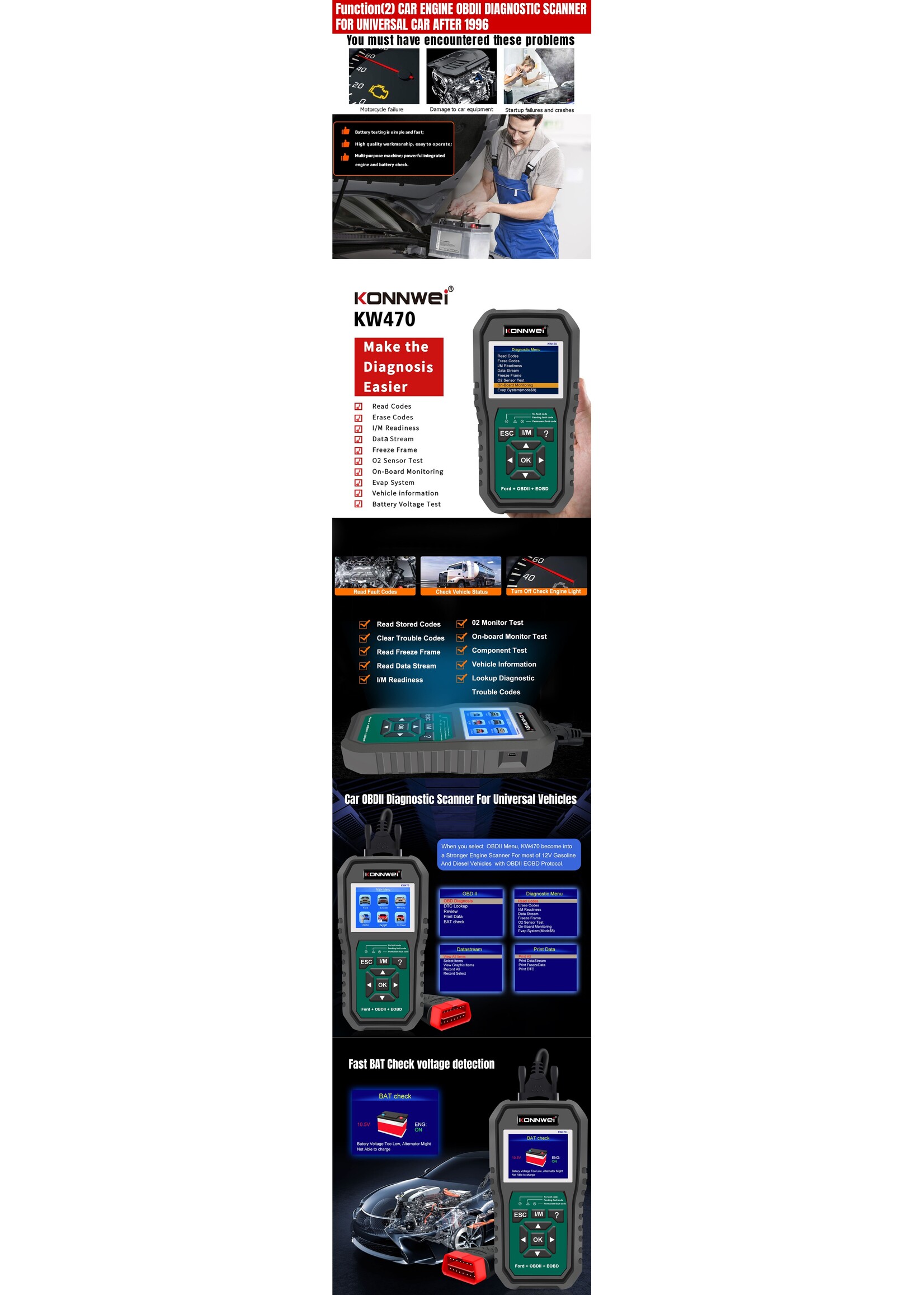 KONNWEI KONNWEI KW470 – Ford-specifieke OBD2 Scanner en Diagnosetool