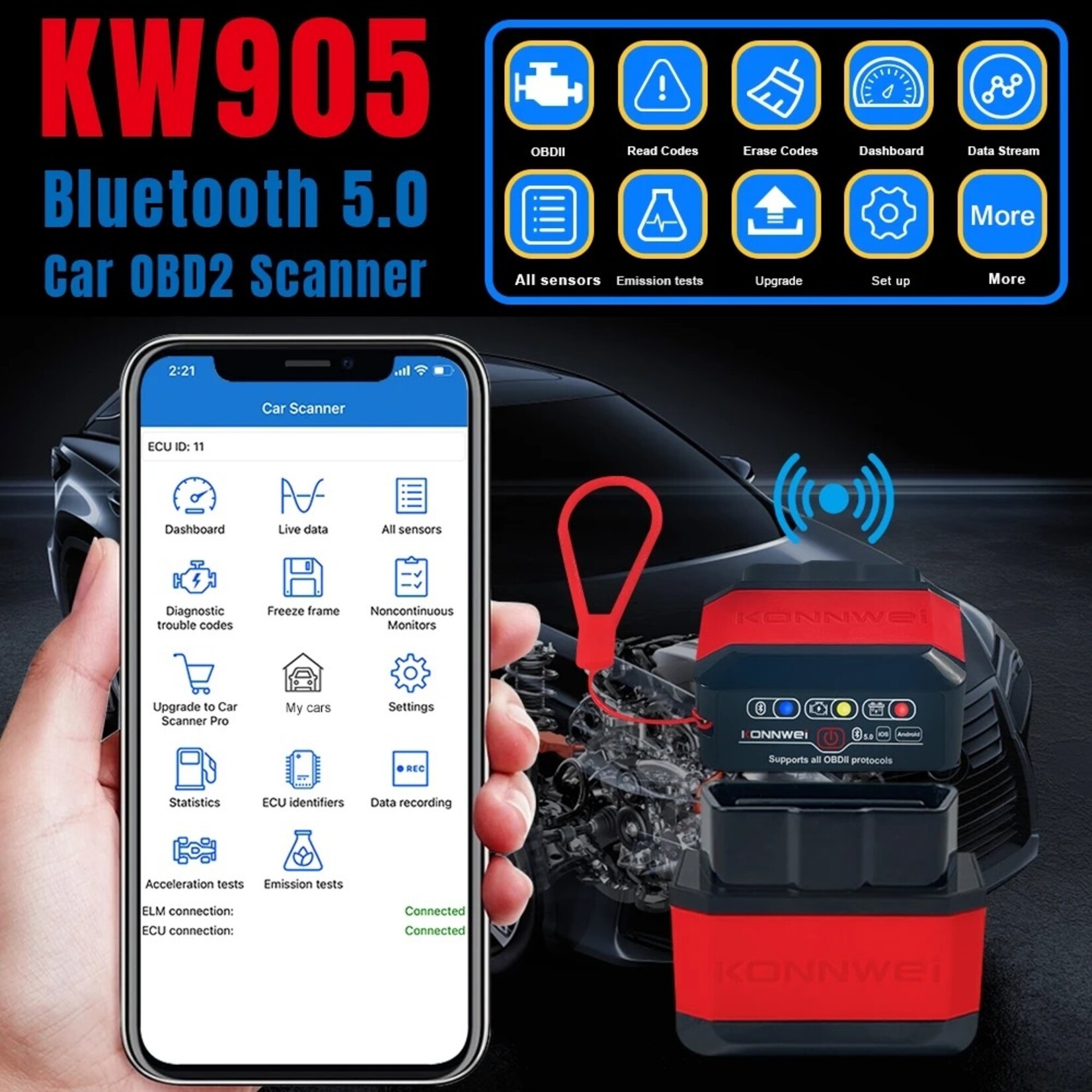 KONNWEI KONNWEI KW905 ELM327 OBD2 Bluetooth 5.0 Scanner – Auto Diagnosetool voor Android en iOS
