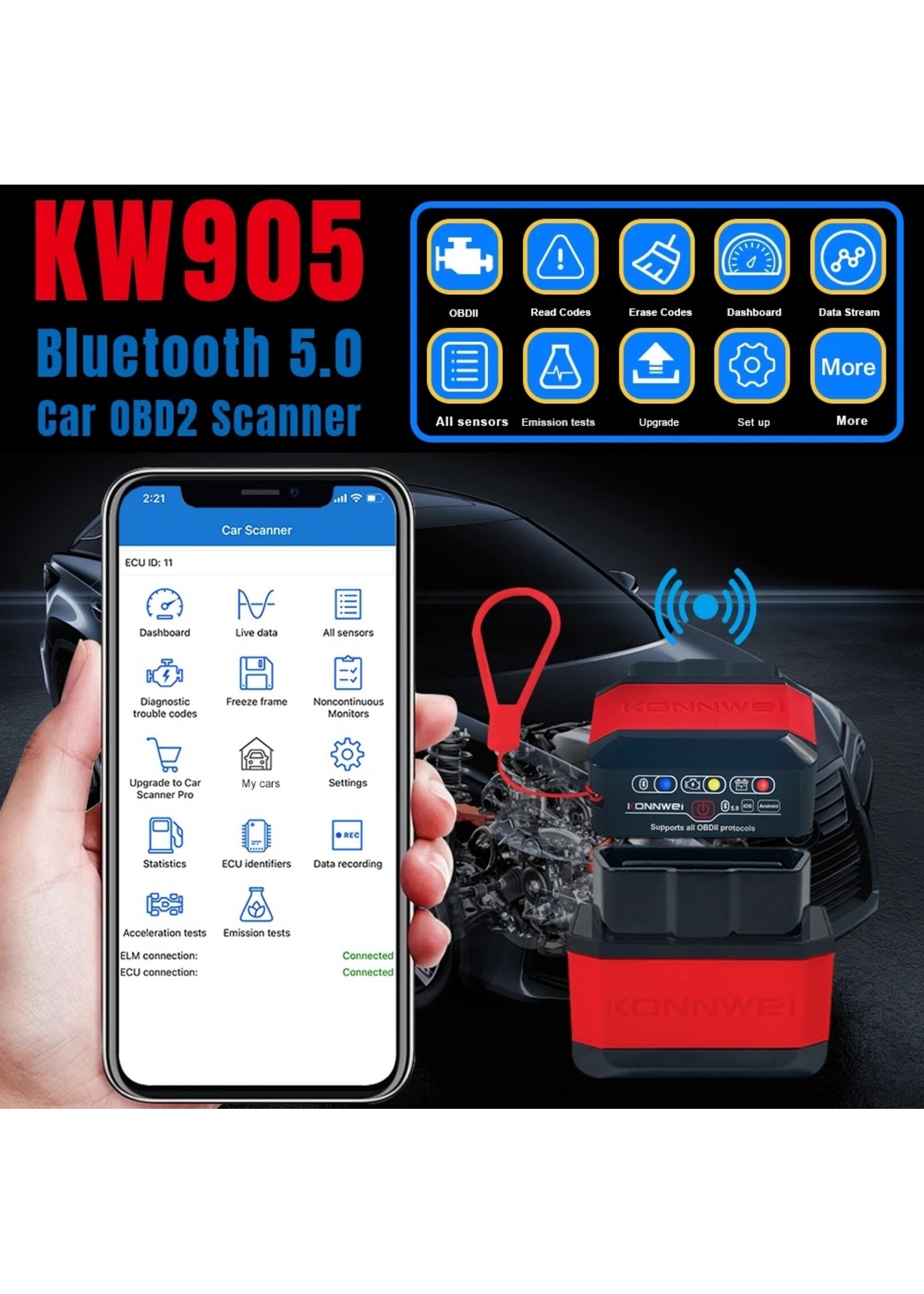KONNWEI KONNWEI KW905 ELM327 OBD2 Bluetooth 5.0 Scanner – Auto Diagnosetool voor Android en iOS