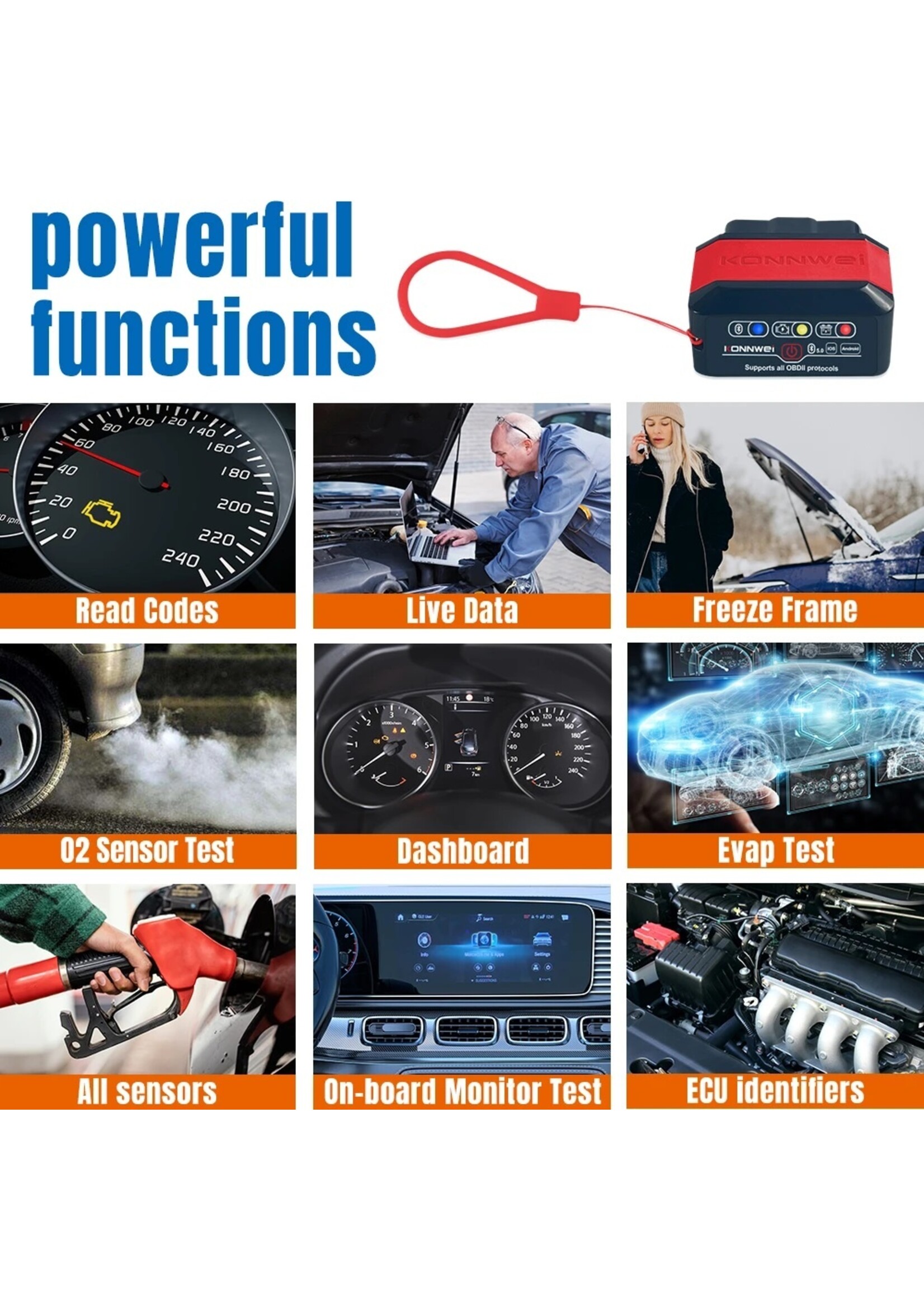 KONNWEI KONNWEI KW905 ELM327 OBD2 Bluetooth 5.0 Scanner – Auto Diagnosetool voor Android en iOS