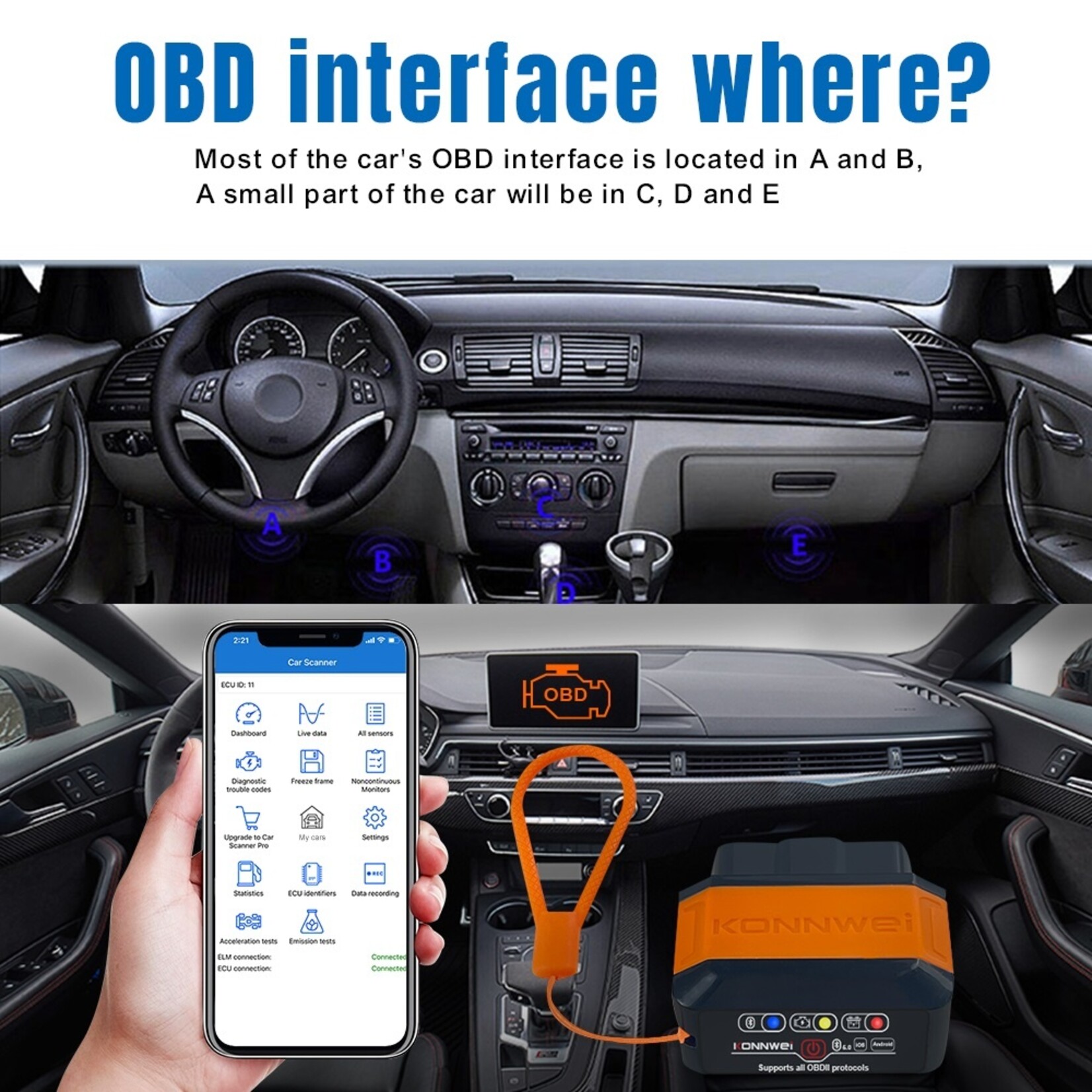 KONNWEI KW906 5.0 auto obd2 scanner voor universele auto Via Bluetooth Android en iOS