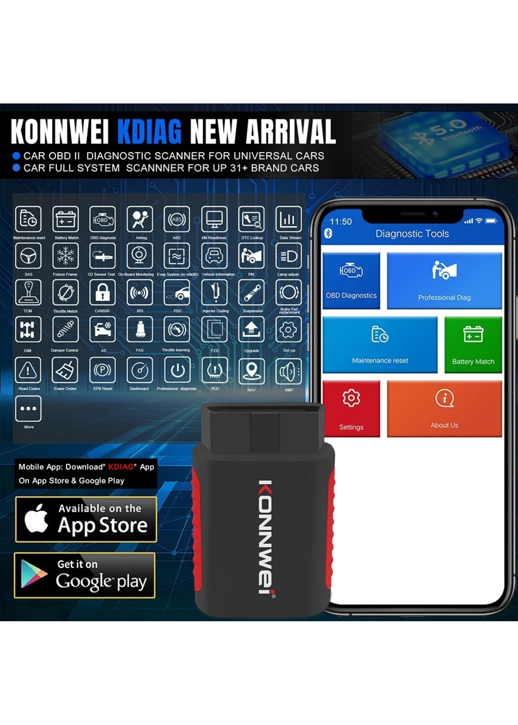 KONNWEI KONNWEI KDIAG Auto Volledige Systeemdiagnose – ABS, Airbag, Remblok en Multifunctionele OBD2-Scanner