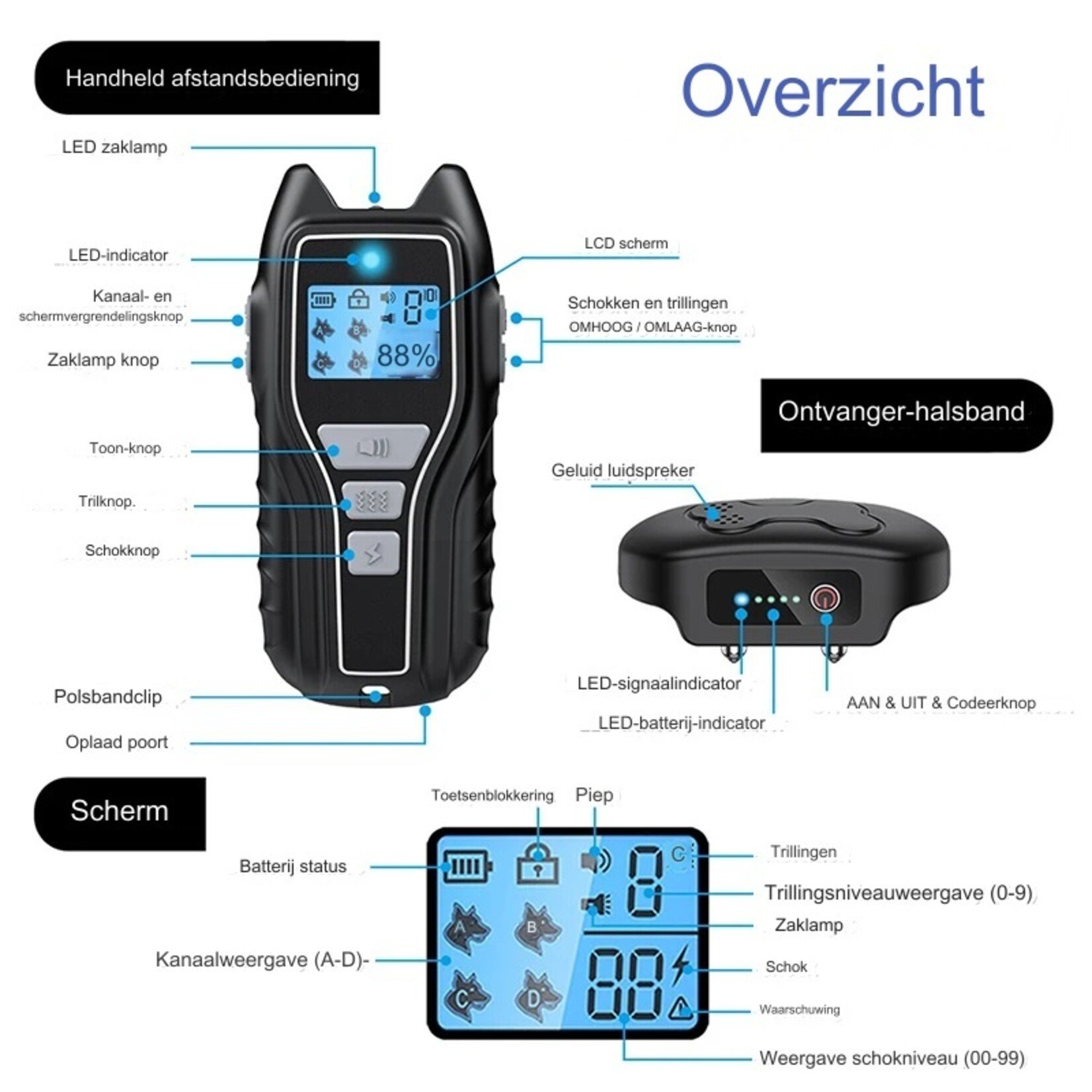 Oplaadbare elektrische halsband hondentrainingshalsband met afstandsbediening