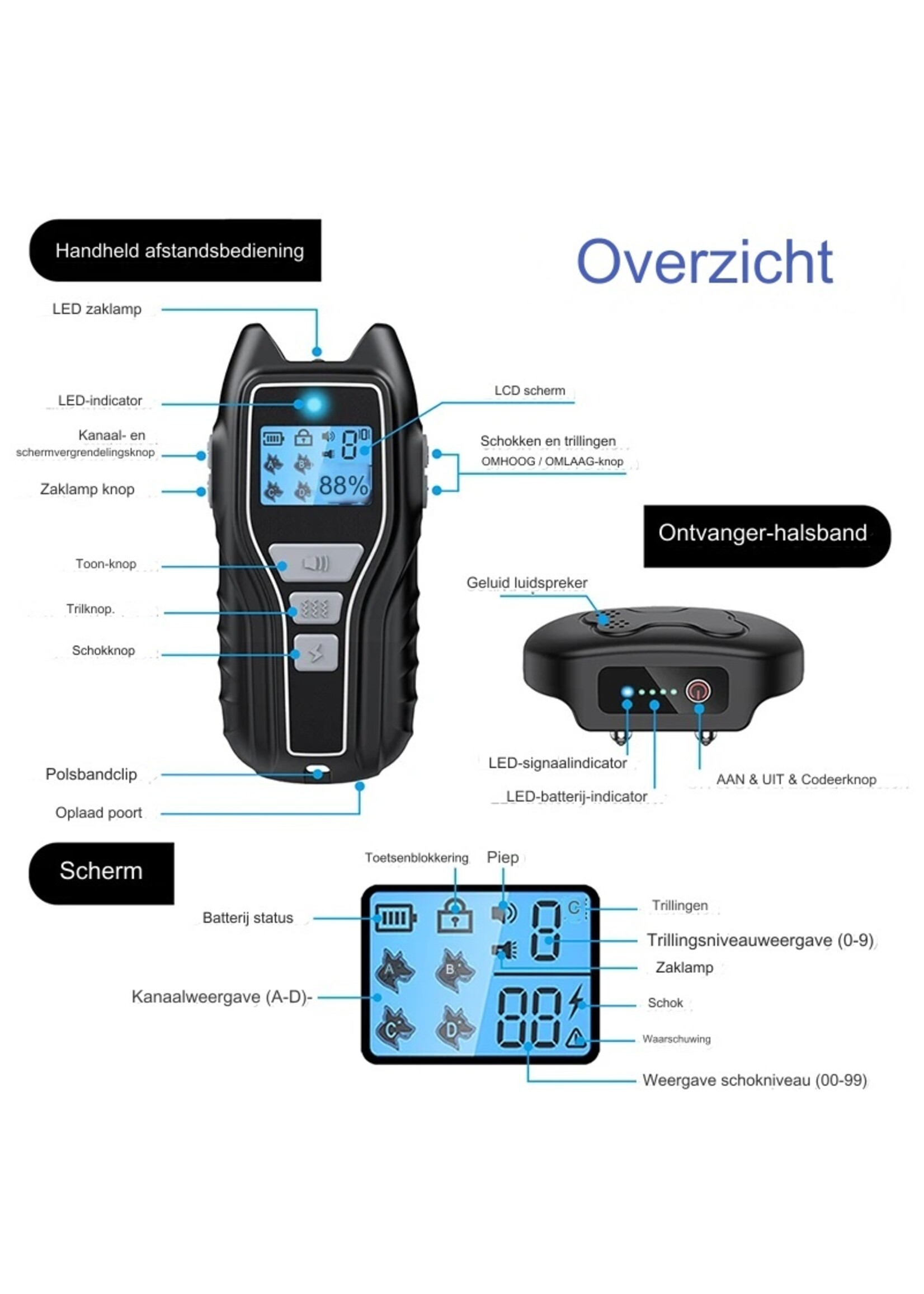 Oplaadbare elektrische halsband hondentrainingshalsband met afstandsbediening