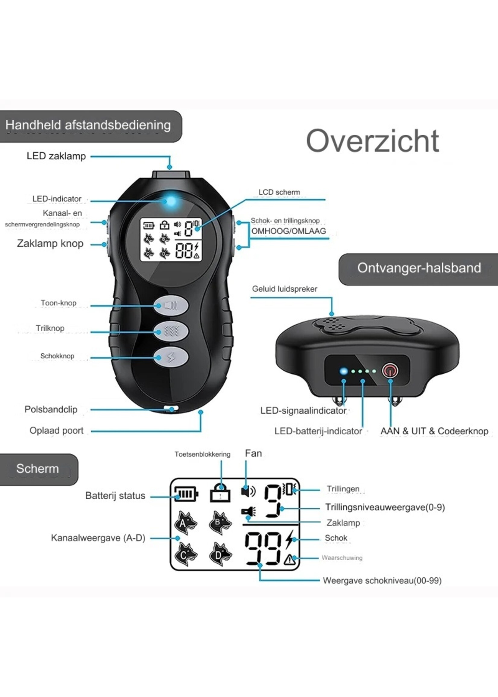 Oplaadbare elektrische hondentrainingshalsband met afstandsbediening voor kleine, middelgrote en grote honden met zaklamp Pieptoon Trillingsschokmodi