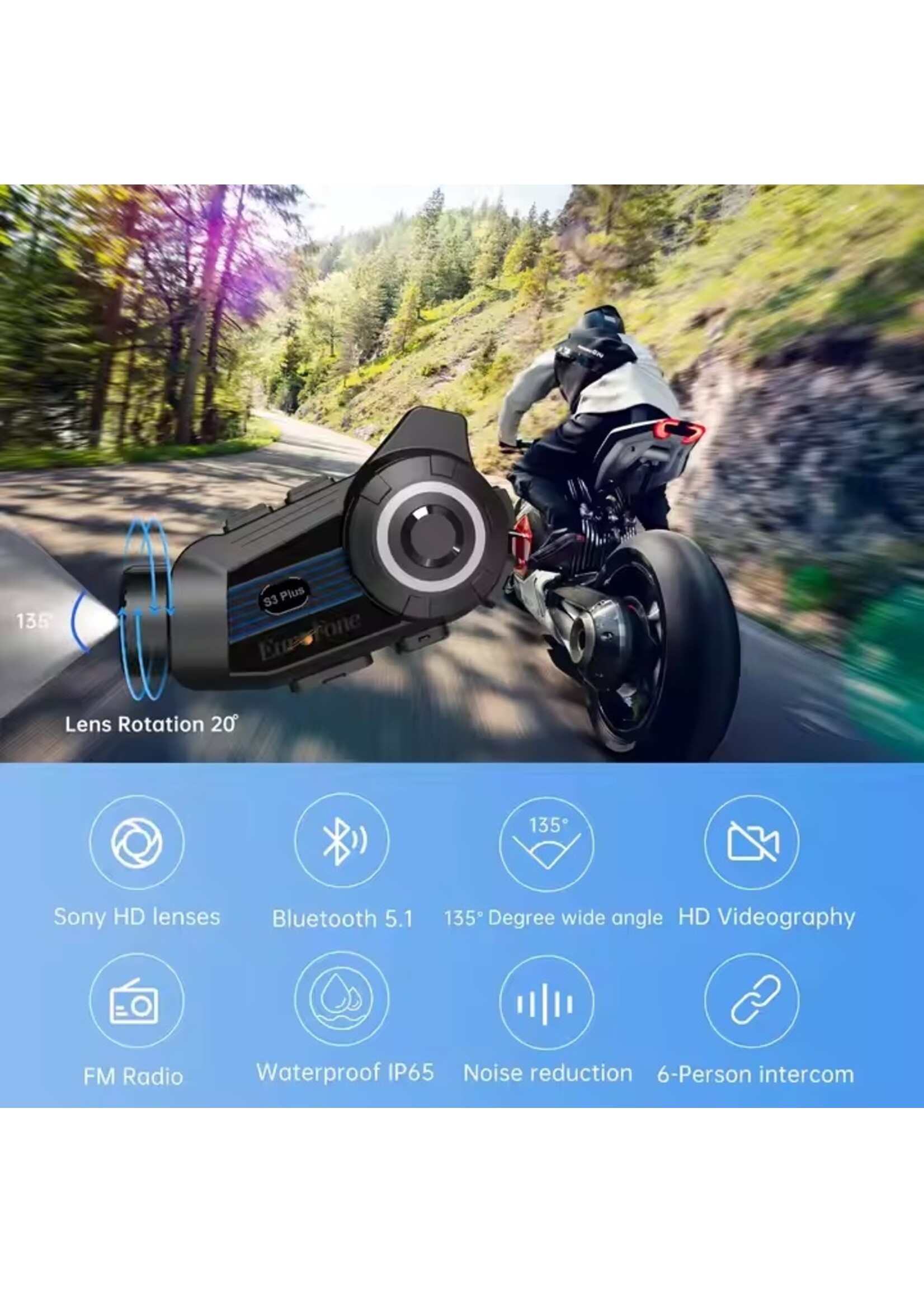 S3 Plus Helm bluetooth intercom headset met 2K camerafunctie videorecorder van goede kwaliteit voor 6 motorrijders