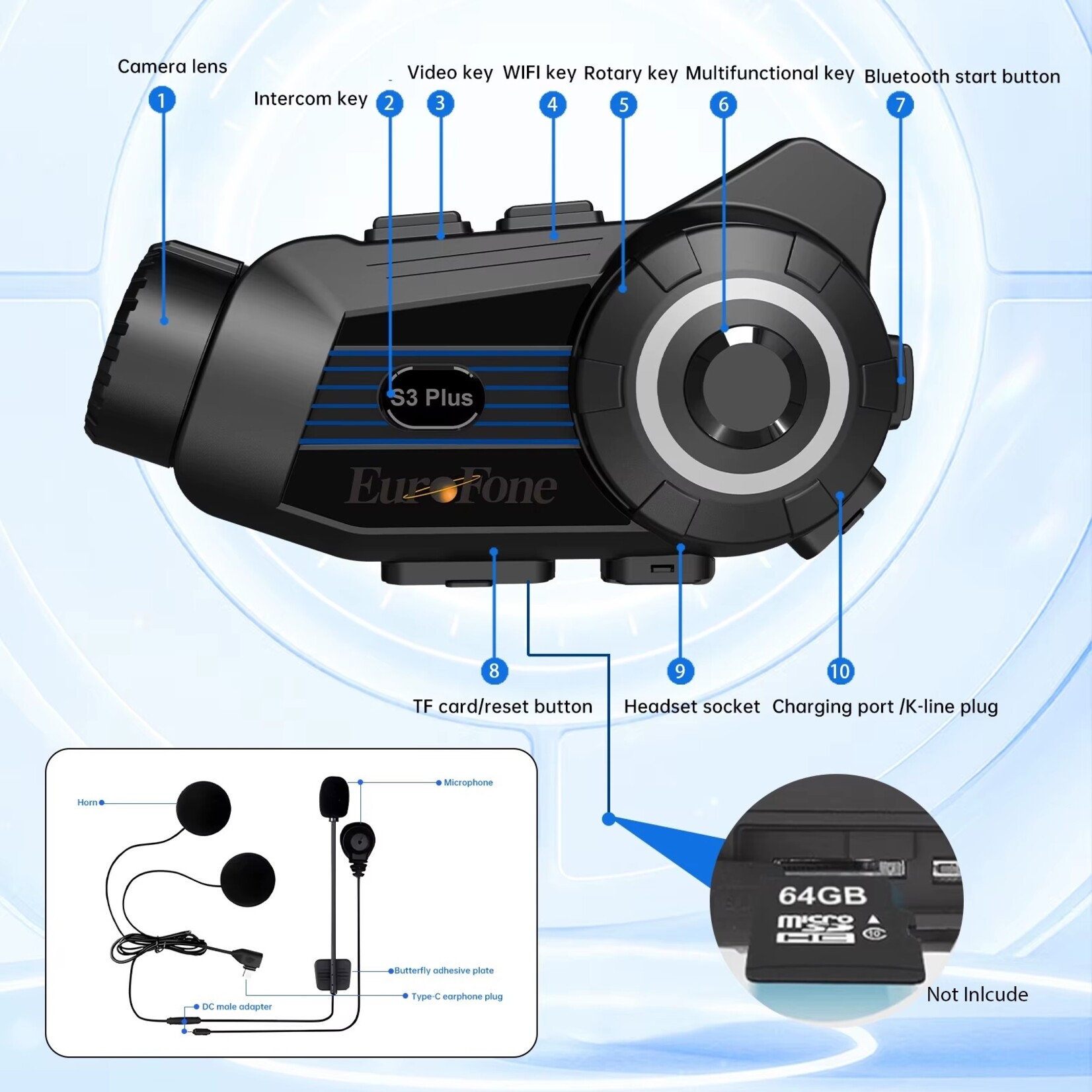 S3 Plus Helm bluetooth intercom headset met 2K camerafunctie videorecorder van goede kwaliteit voor 6 motorrijders