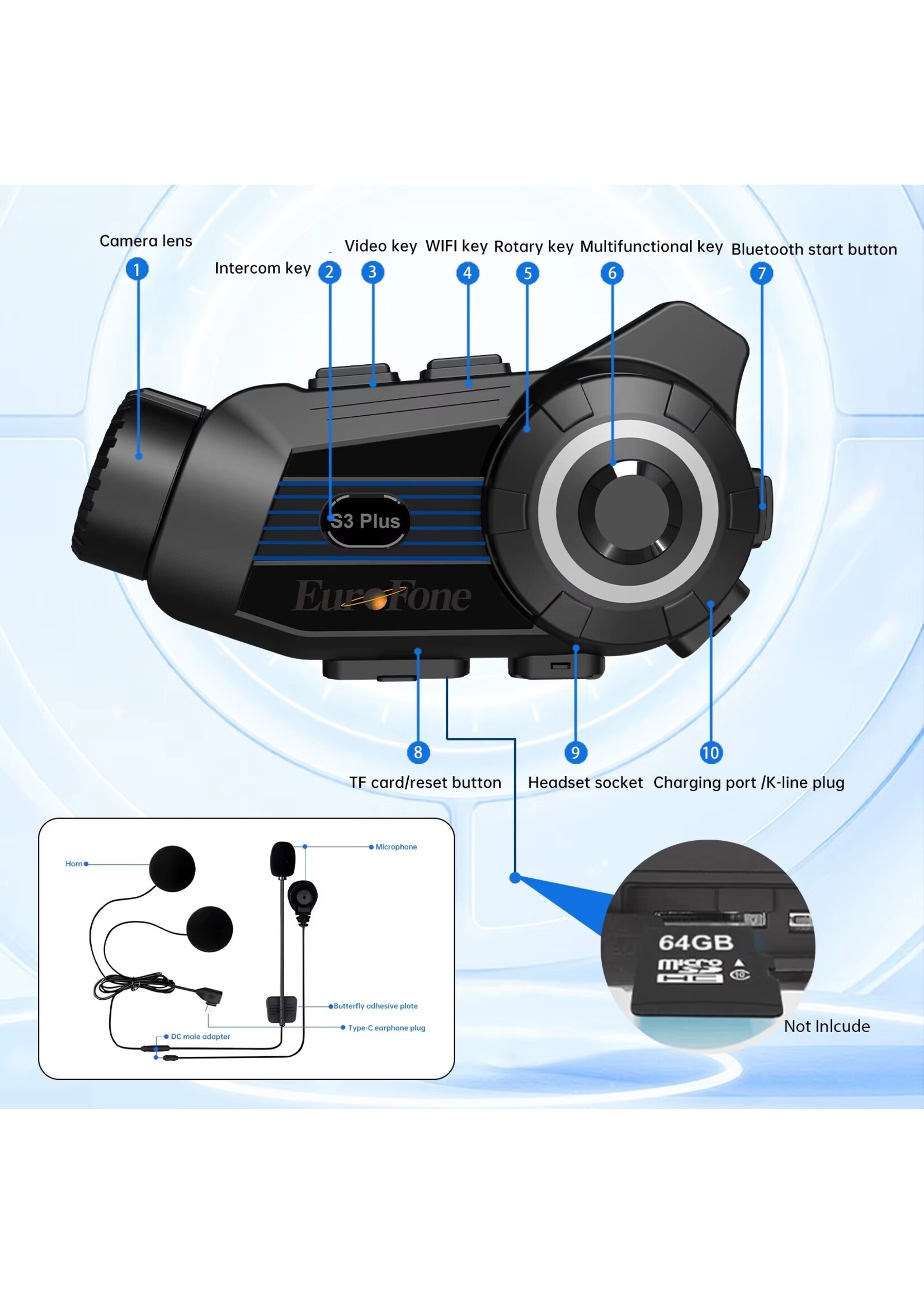 S3 Plus Helm bluetooth intercom headset met 2K camerafunctie videorecorder van goede kwaliteit voor 6 motorrijders