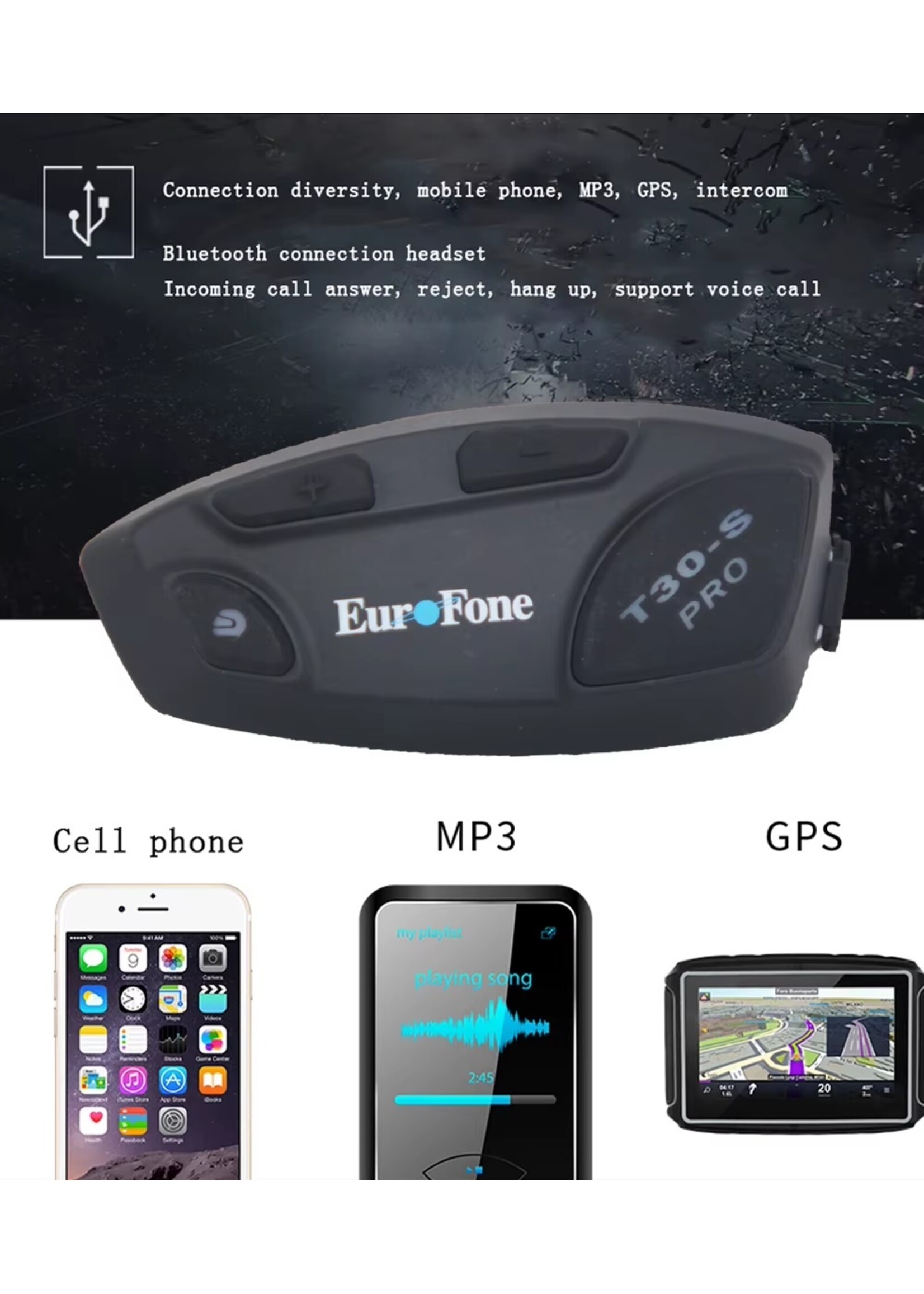 Eurofone Motorhelm intercomsysteem met muziekdeling, 32 rijders groepscommunicatie intercom voor motorrijders