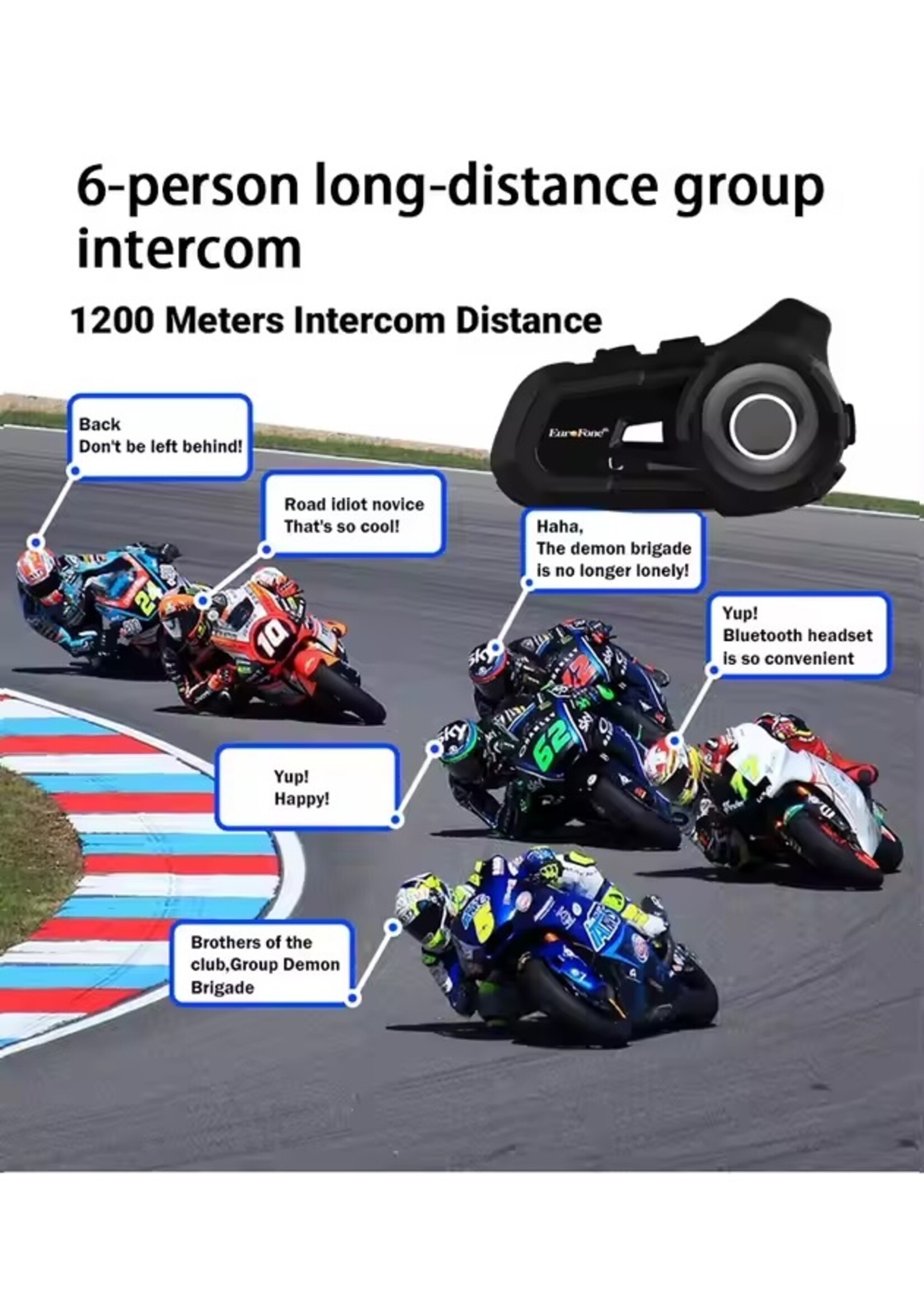 Eurofone S2 Plus Bluetooth-helmintercom voor motorfietsen Ondersteunt 2-6 personen om te praten over een afstand van 800-1000 meter Waterdicht