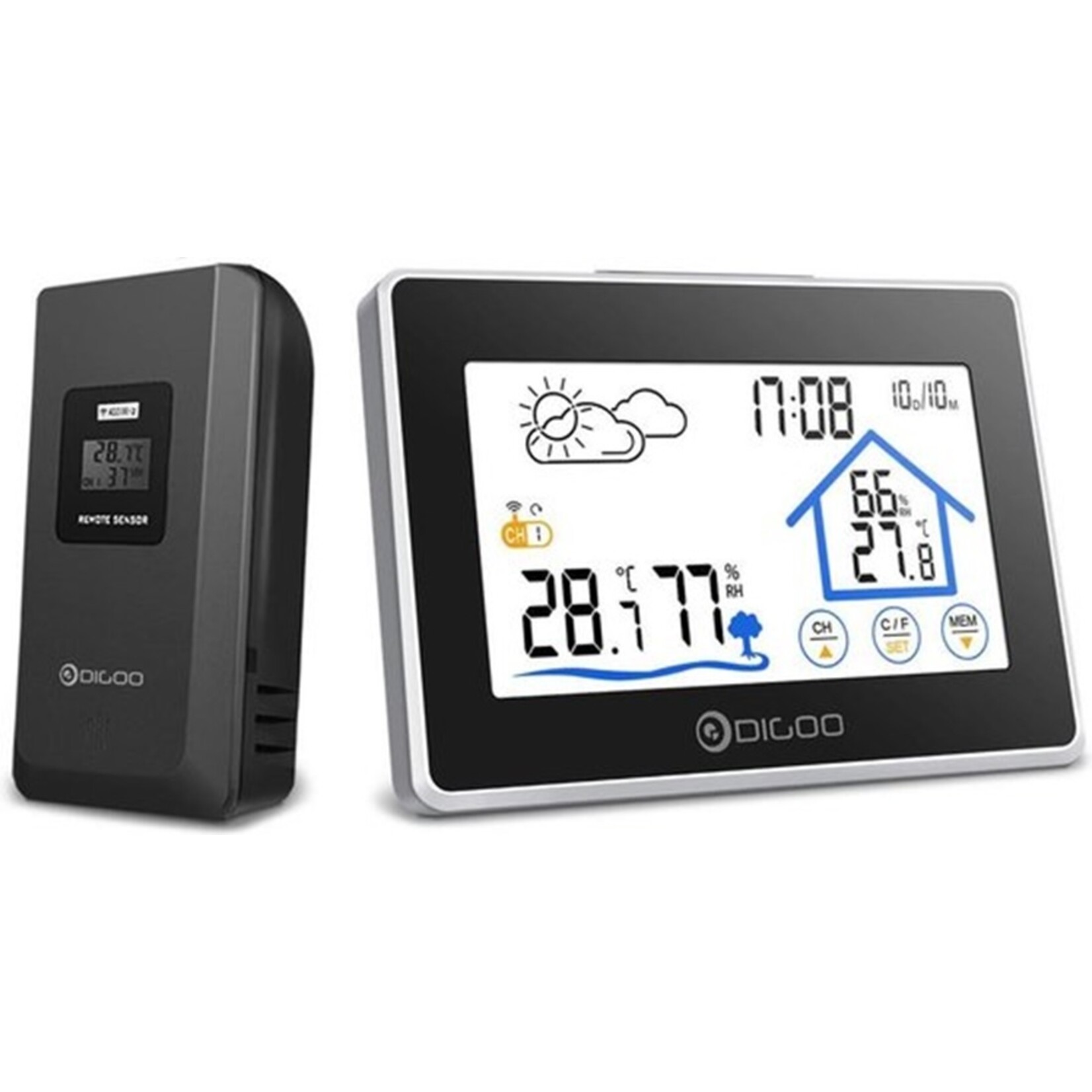 Digoo DG-TH8380 Draadloze thermometer, hygrometer, touchscreen, weerstation met thermometer, buitenweersensor en klok (inclusief buiten unit)