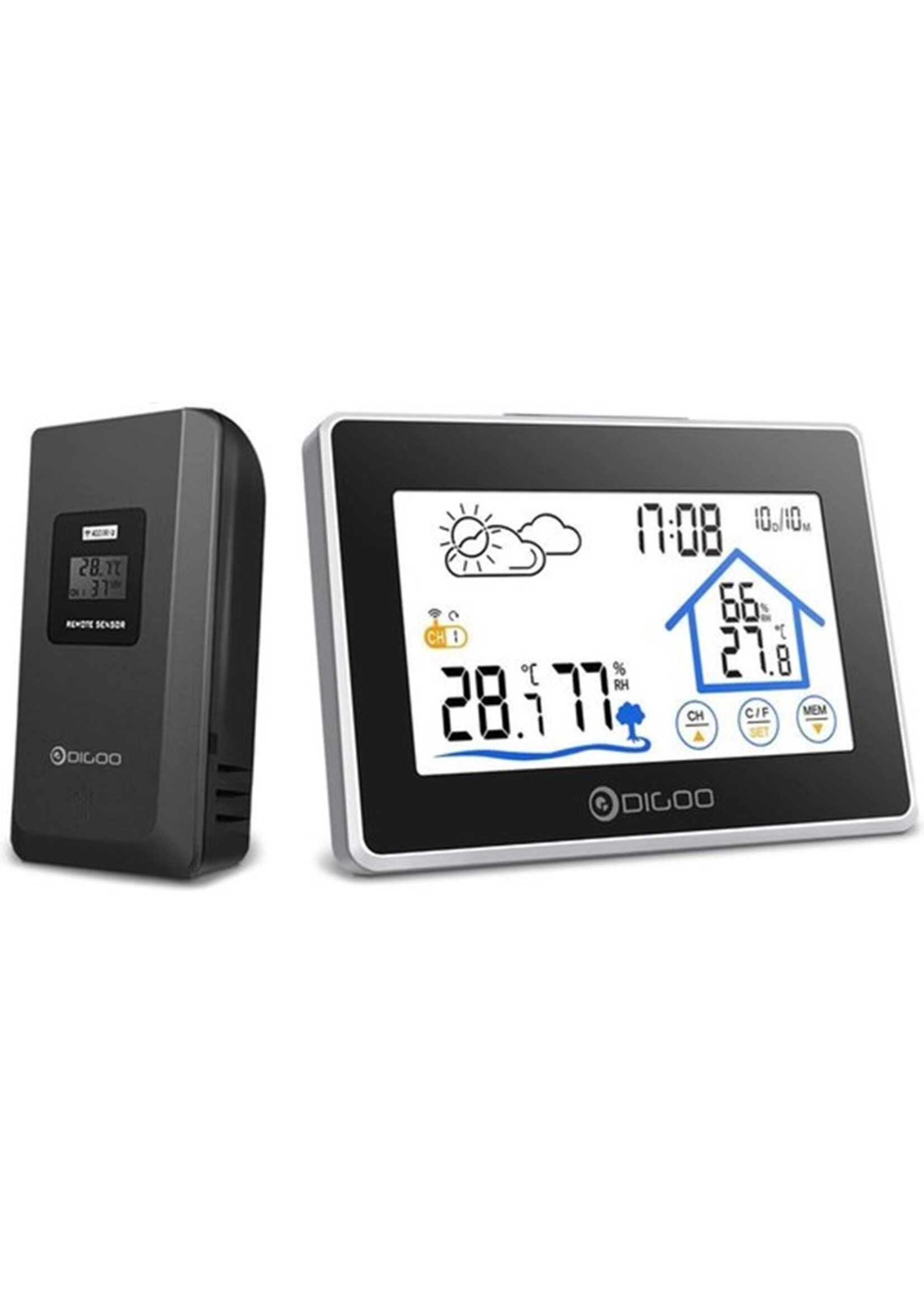 Digoo DG-TH8380 Draadloze thermometer, hygrometer, touchscreen, weerstation met thermometer, buitenweersensor en klok (inclusief buiten unit)