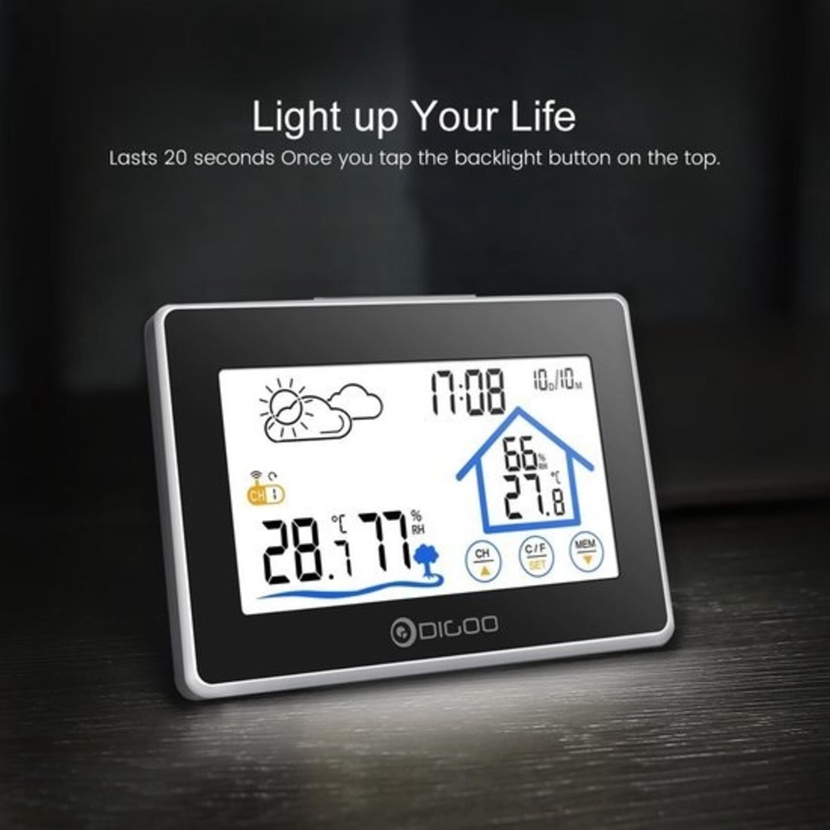 Digoo DG-TH8380 Draadloze thermometer, hygrometer, touchscreen, weerstation met thermometer, buitenweersensor en klok (inclusief buiten unit)