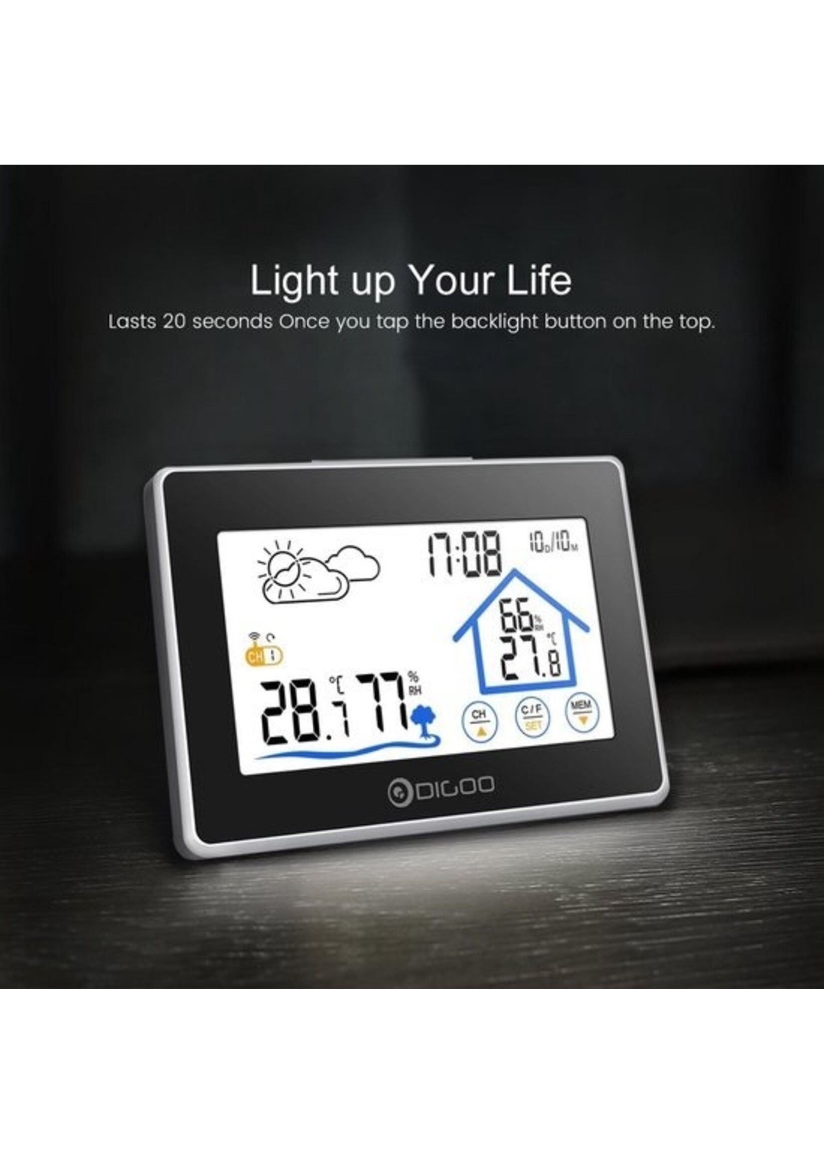 Digoo DG-TH8380 Draadloze thermometer, hygrometer, touchscreen, weerstation met thermometer, buitenweersensor en klok (inclusief buiten unit)