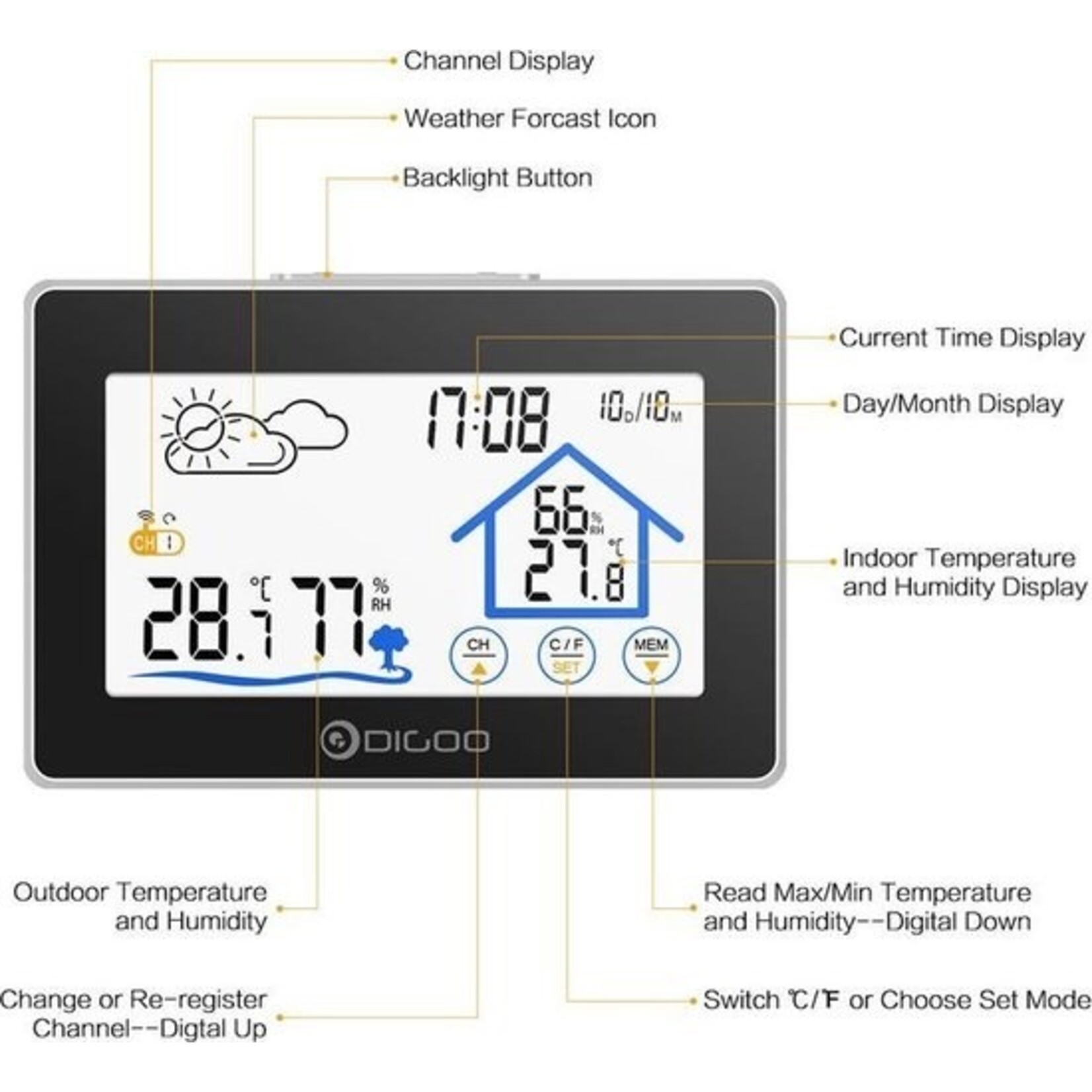 Digoo DG-TH8380 Draadloze thermometer, hygrometer, touchscreen, weerstation met thermometer, buitenweersensor en klok (inclusief buiten unit)