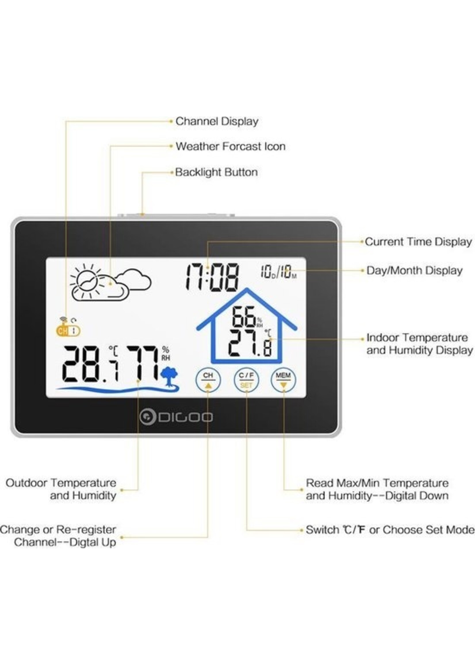 Digoo DG-TH8380 Draadloze thermometer, hygrometer, touchscreen, weerstation met thermometer, buitenweersensor en klok (inclusief buiten unit)