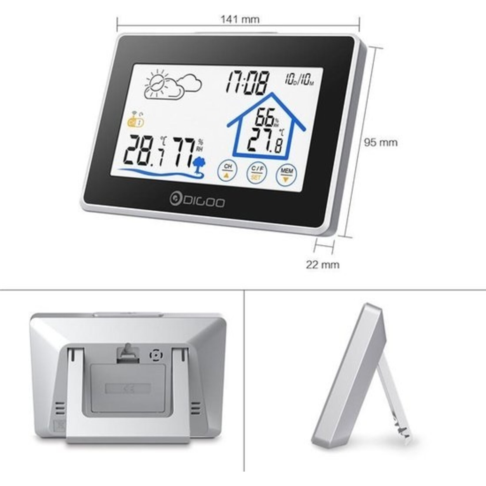 Digoo DG-TH8380 Draadloze thermometer, hygrometer, touchscreen, weerstation met thermometer, buitenweersensor en klok (inclusief buiten unit)