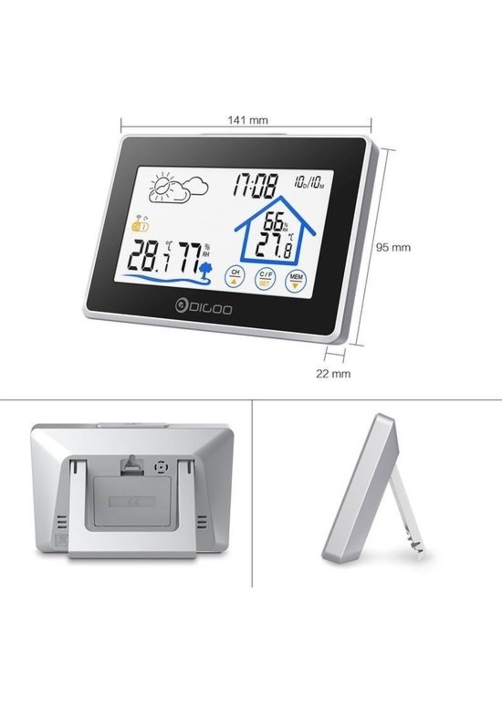 Digoo DG-TH8380 Draadloze thermometer, hygrometer, touchscreen, weerstation met thermometer, buitenweersensor en klok (inclusief buiten unit)
