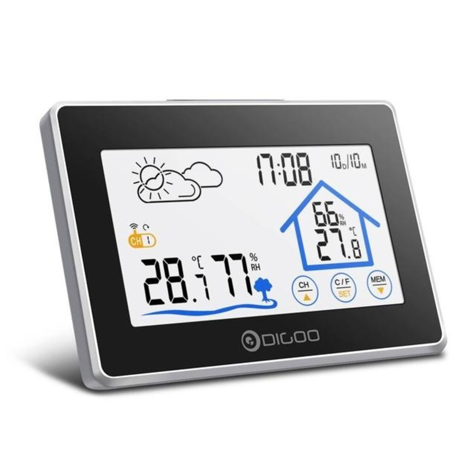 Digoo DG-TH8380 Draadloze thermometer, hygrometer, touchscreen, weerstation met thermometer, buitenweersensor en klok (inclusief buiten unit)
