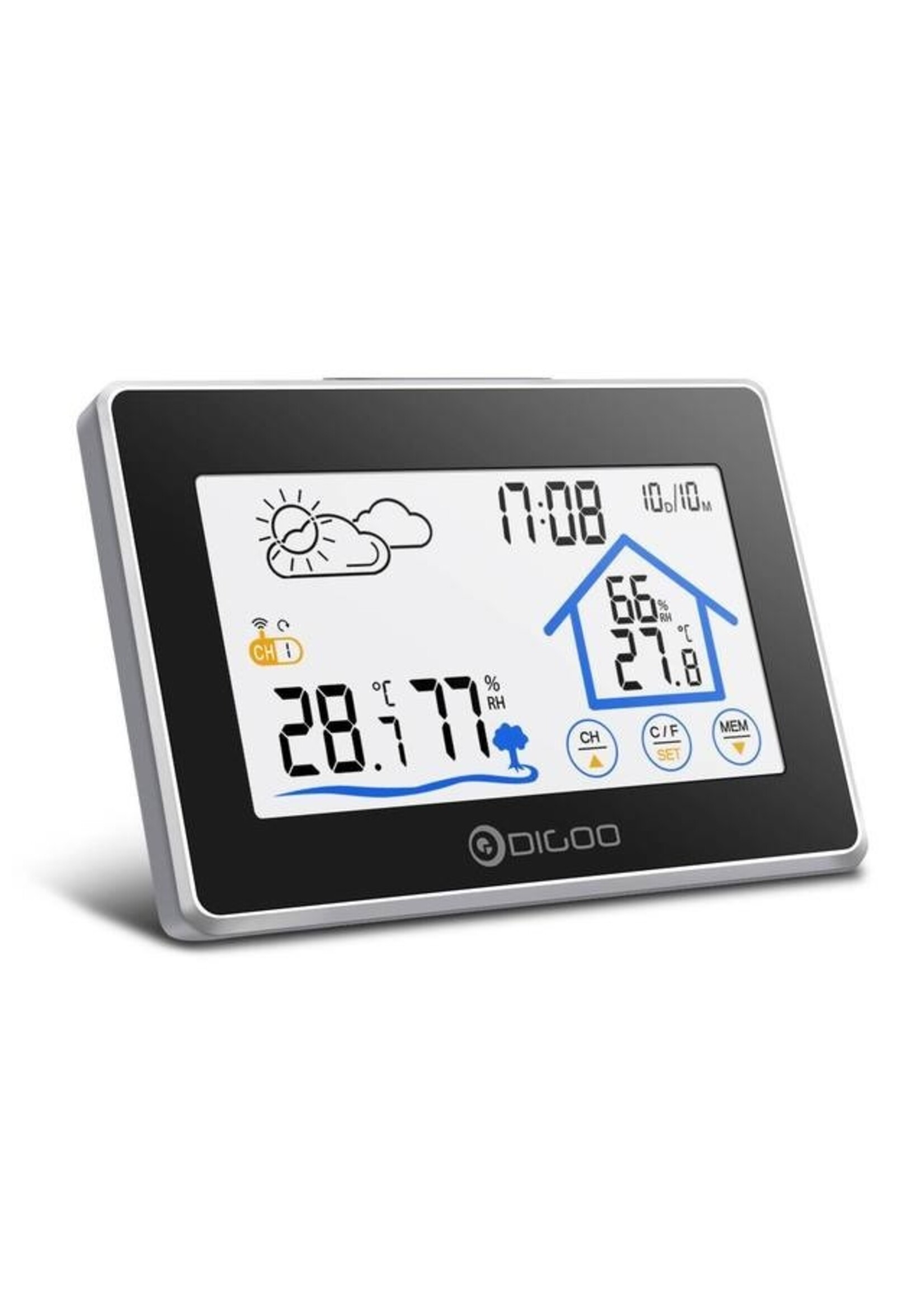 Digoo DG-TH8380 Draadloze thermometer, hygrometer, touchscreen, weerstation met thermometer, buitenweersensor en klok (inclusief buiten unit)