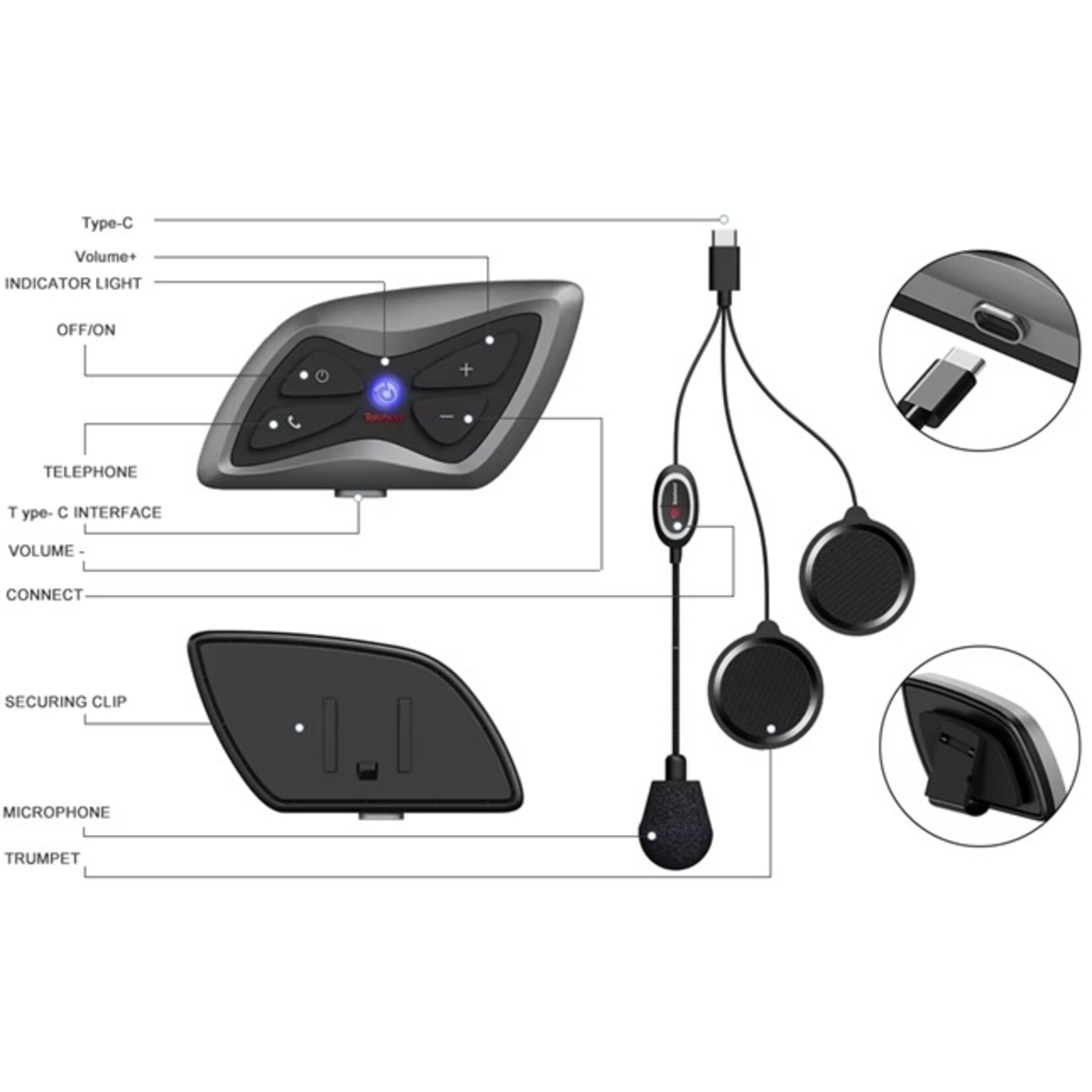 Teleheer T6 Plus Motorhelm Headset Bluetooth 5.1 2 Rijders 1500M Intercomunicador Moto Waterdichte Real-time Intercom V6