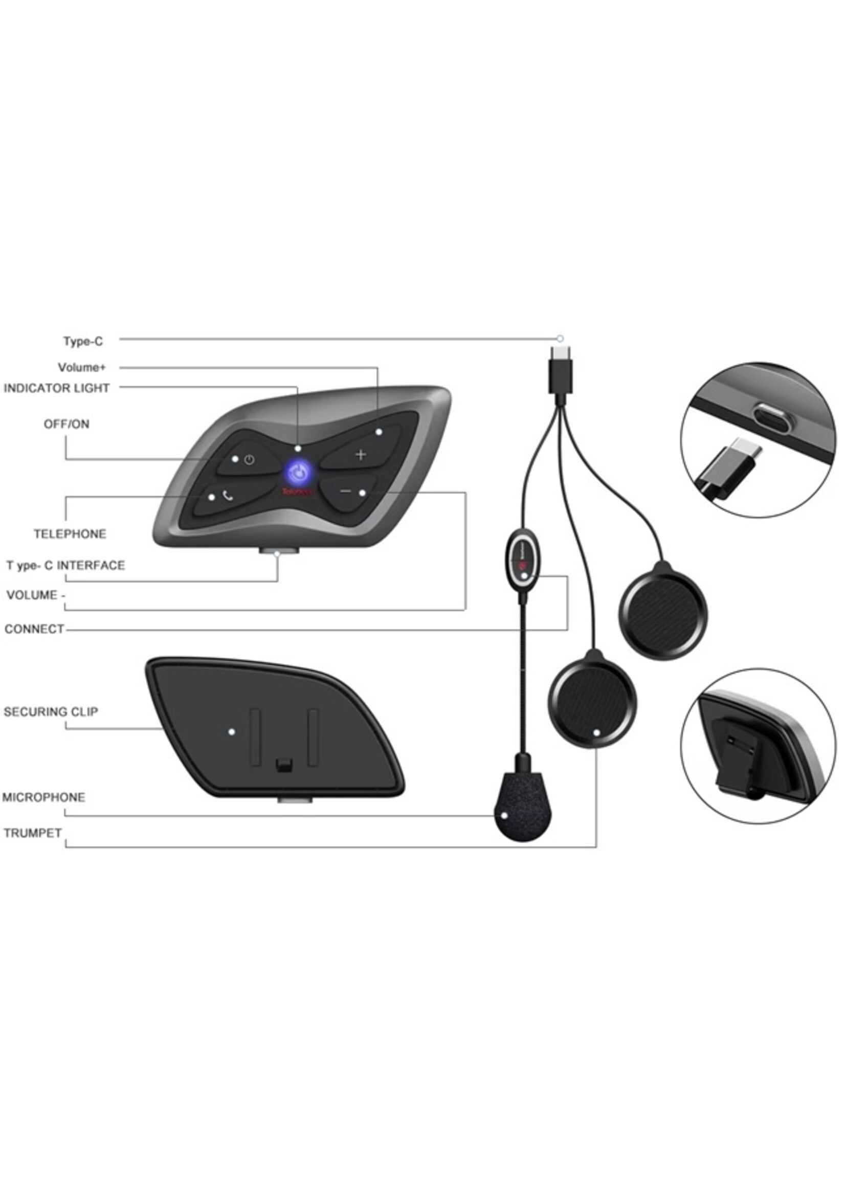 Teleheer T6 Plus Motorhelm Headset Bluetooth 5.1 2 Rijders 1500M Intercomunicador Moto Waterdichte Real-time Intercom V6
