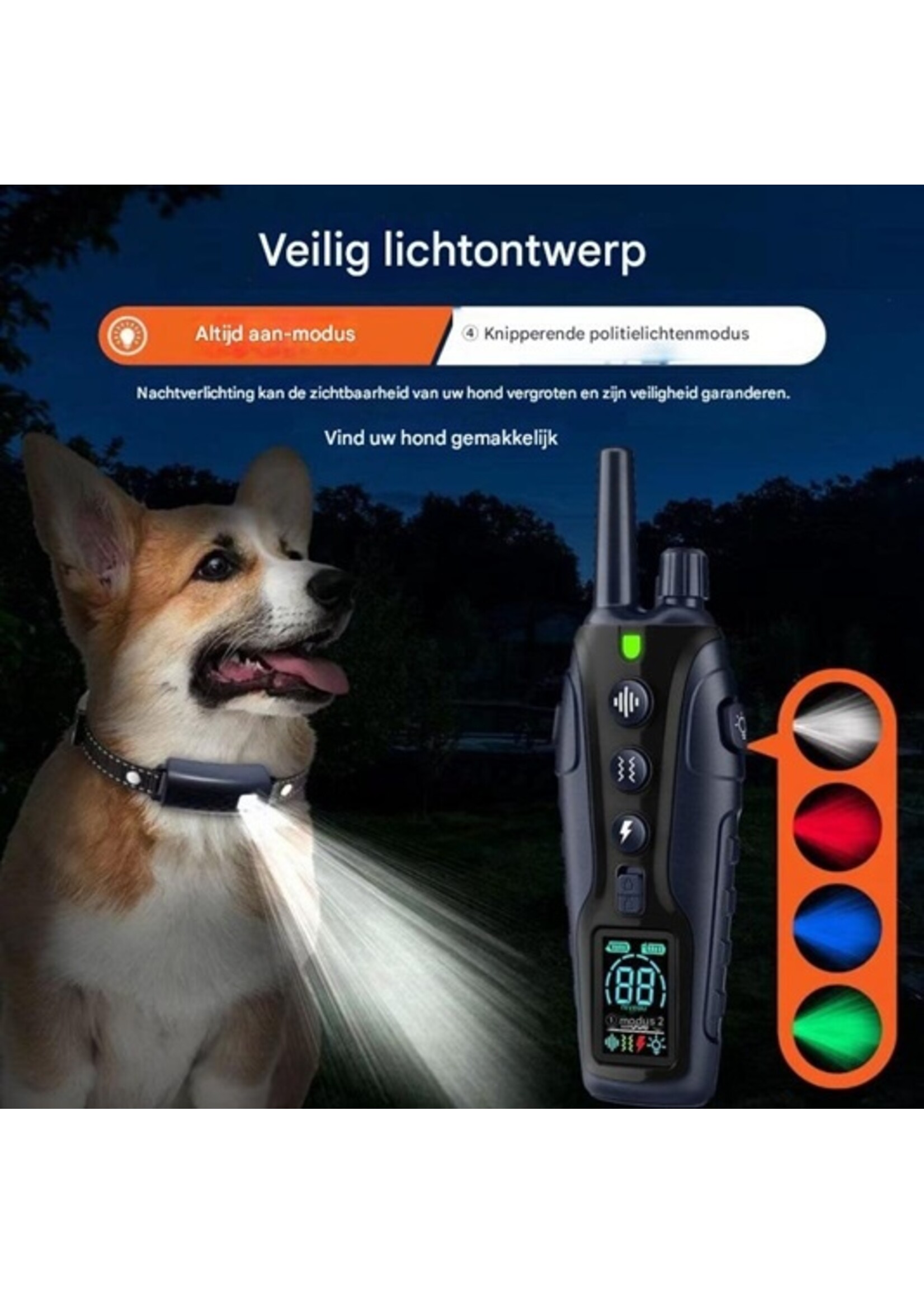 Professionele Elektrische Trainingshalsband voor Honden 1200M – IP67 Waterdicht, Oplaadbaar, Geluid, Trilling, Schokfunctie, Verlichting en Dubbele Batterij-indicator
