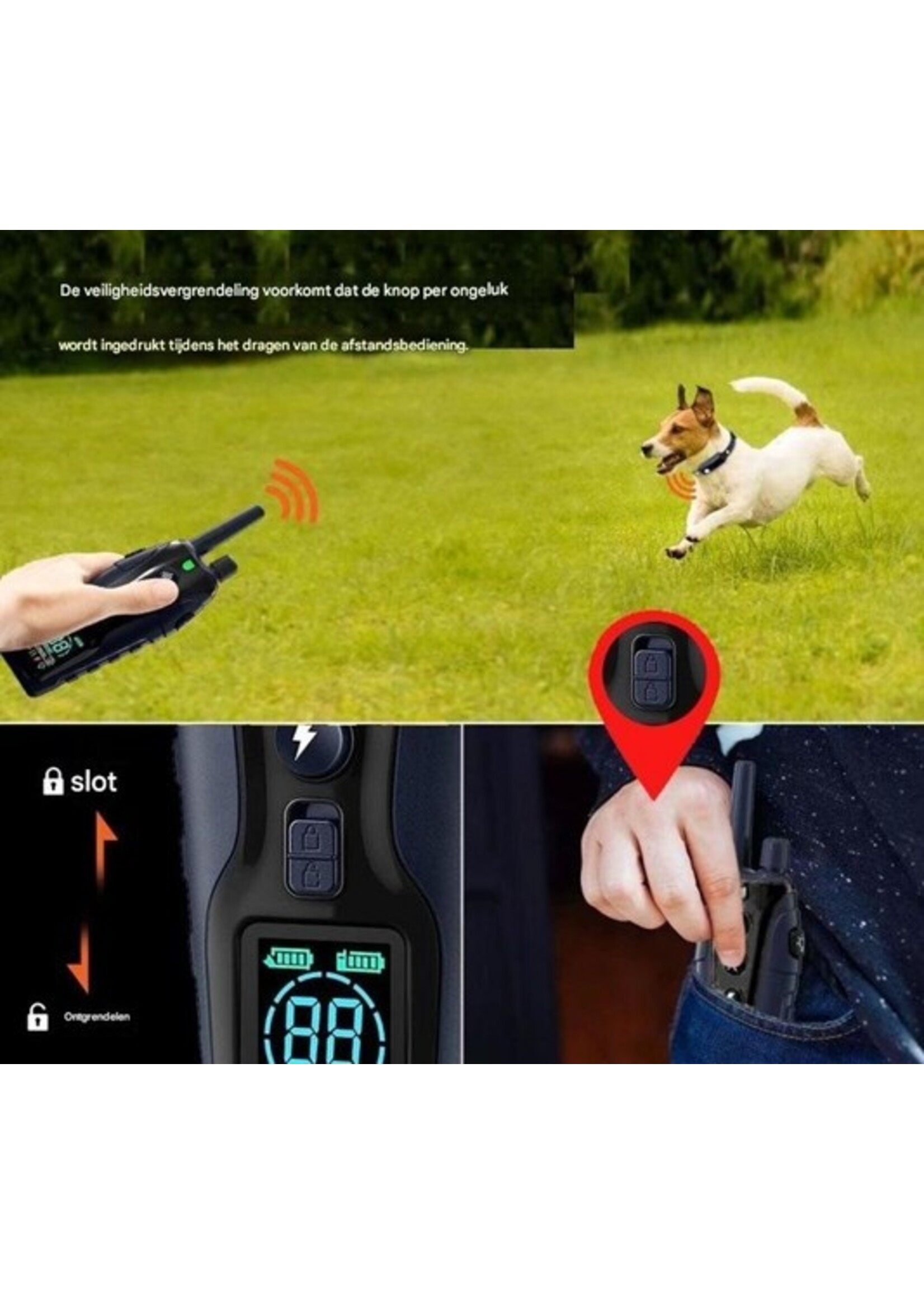 Professionele Elektrische Trainingshalsband voor Honden 1200M – IP67 Waterdicht, Oplaadbaar, Geluid, Trilling, Schokfunctie, Verlichting en Dubbele Batterij-indicator