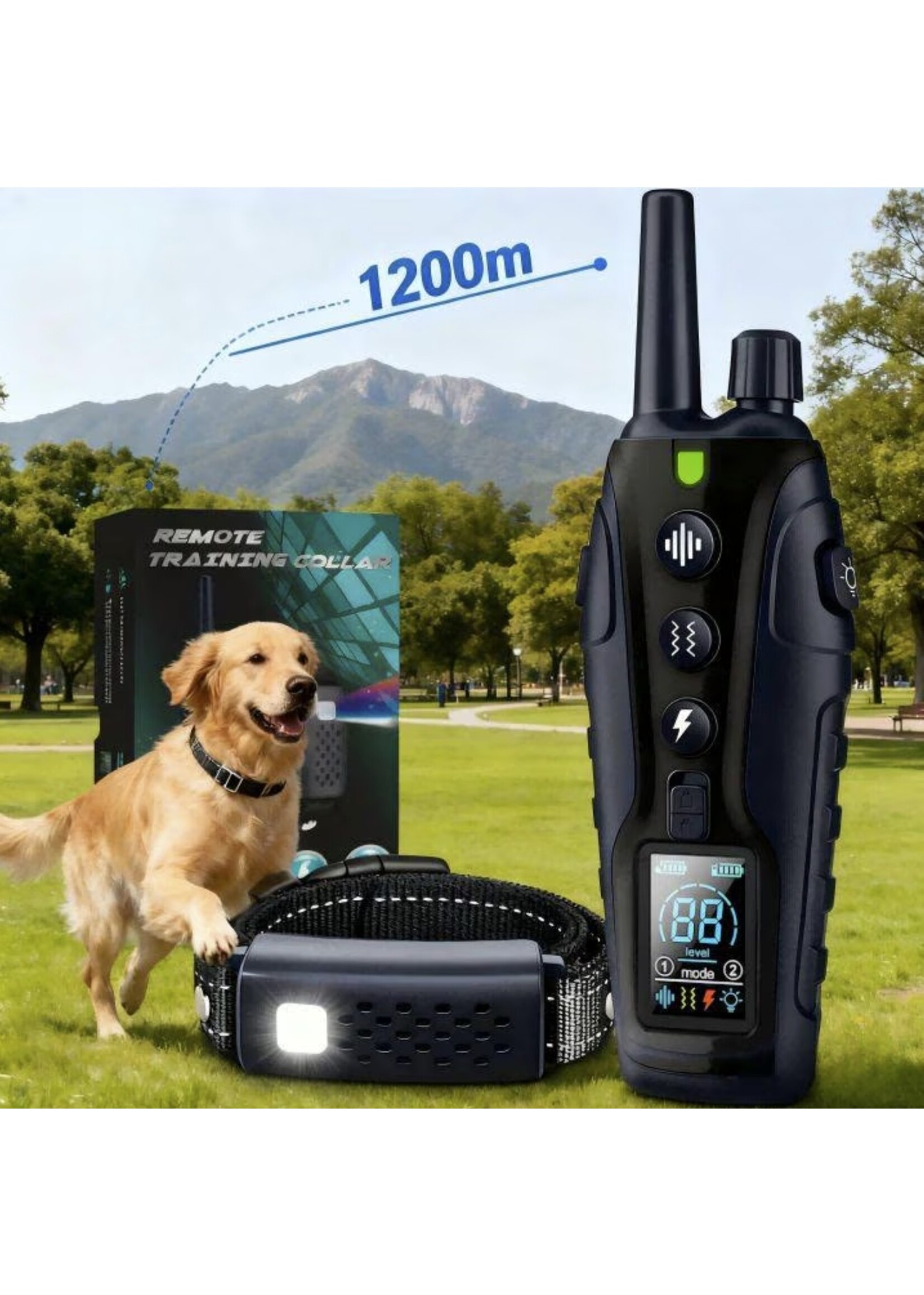 Professionele Elektrische Trainingshalsband voor Honden 1200M – IP67 Waterdicht, Oplaadbaar, Geluid, Trilling, Schokfunctie, Verlichting en Dubbele Batterij-indicator