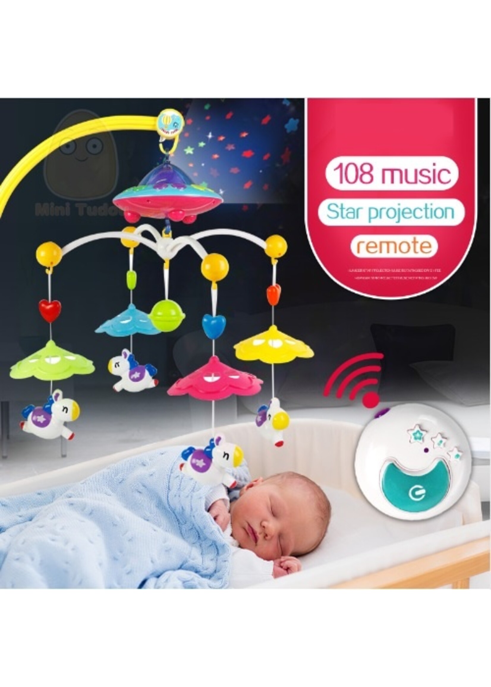 Kleurvolle Baby Muziek Mobiel met Afstandsbediening en sterren projector