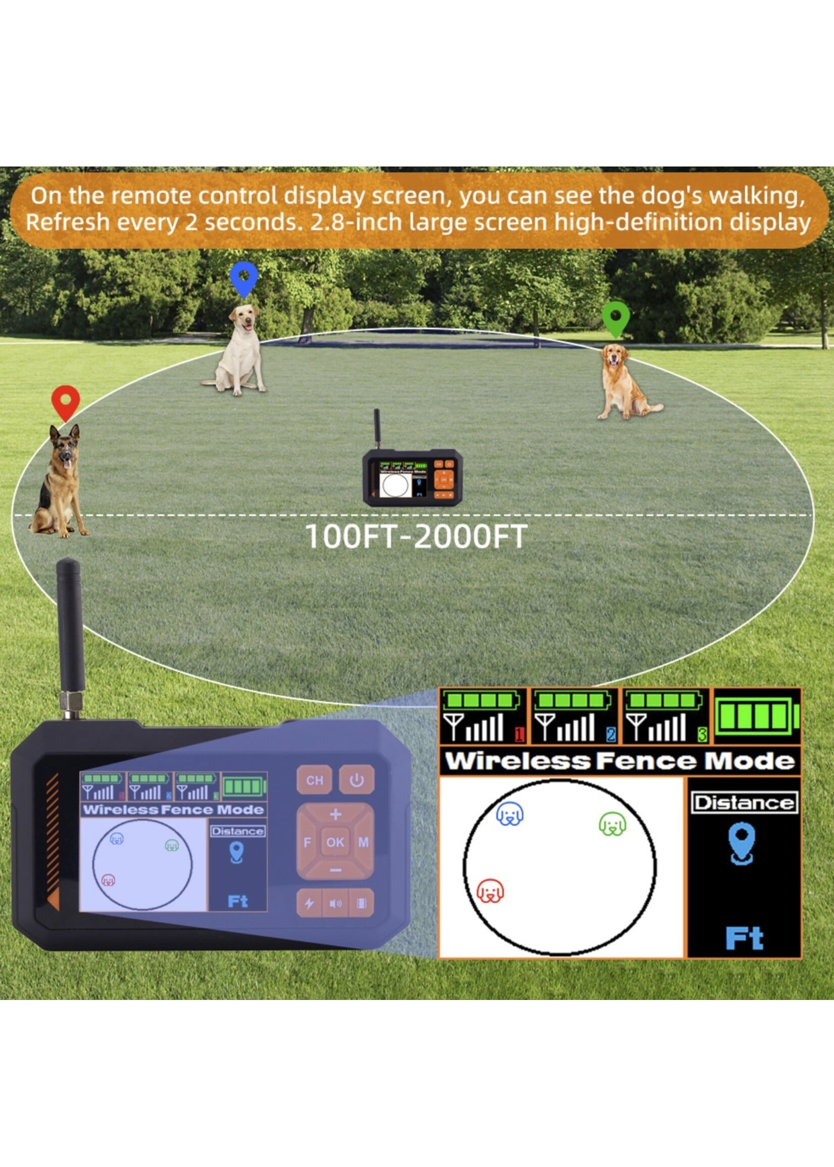 2-in-1 GPS Draadloze Hondenomheining & Hondentrainer – Kleurenscherm – 30 tot 600 Meter