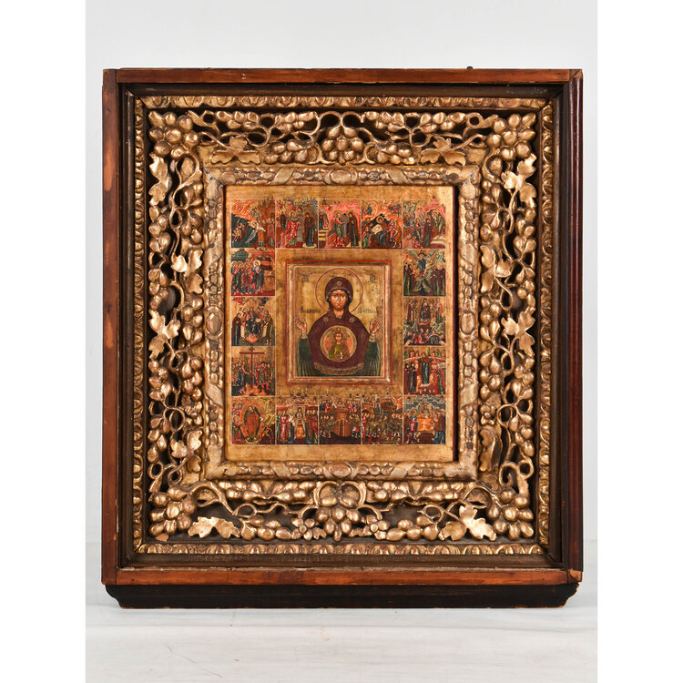 Russian icon -  Mary and Jezus surrounded by 16 Biblical scenes