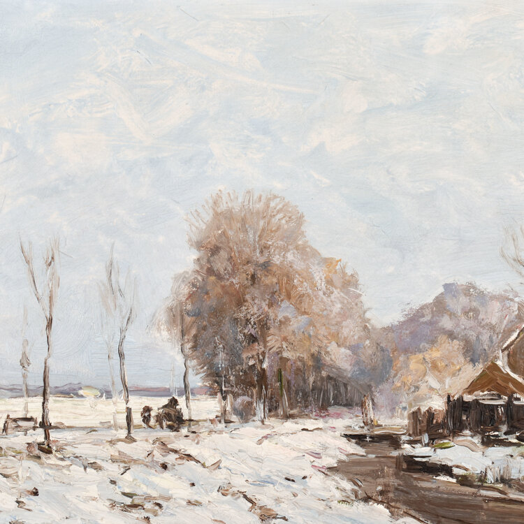 Louis Apol (1850-1936) Louis Apol (1850-1936), Winterlandschap met passanten en een boerderij