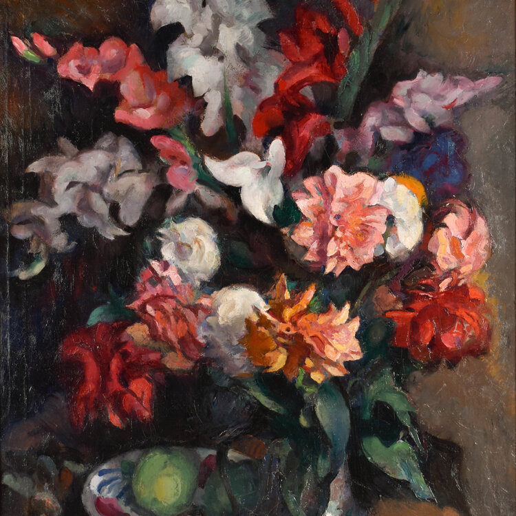 Pol Dom (1885-1978) Stilleven met bloemenvaas en fruit