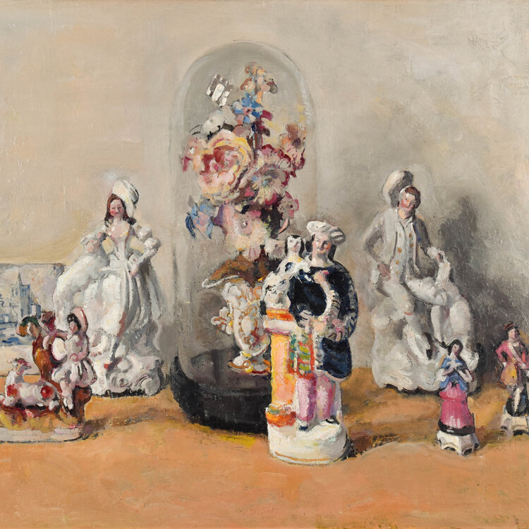 Pol Dom (1885-1978) Still life with bell jar, porcelain figures and tile