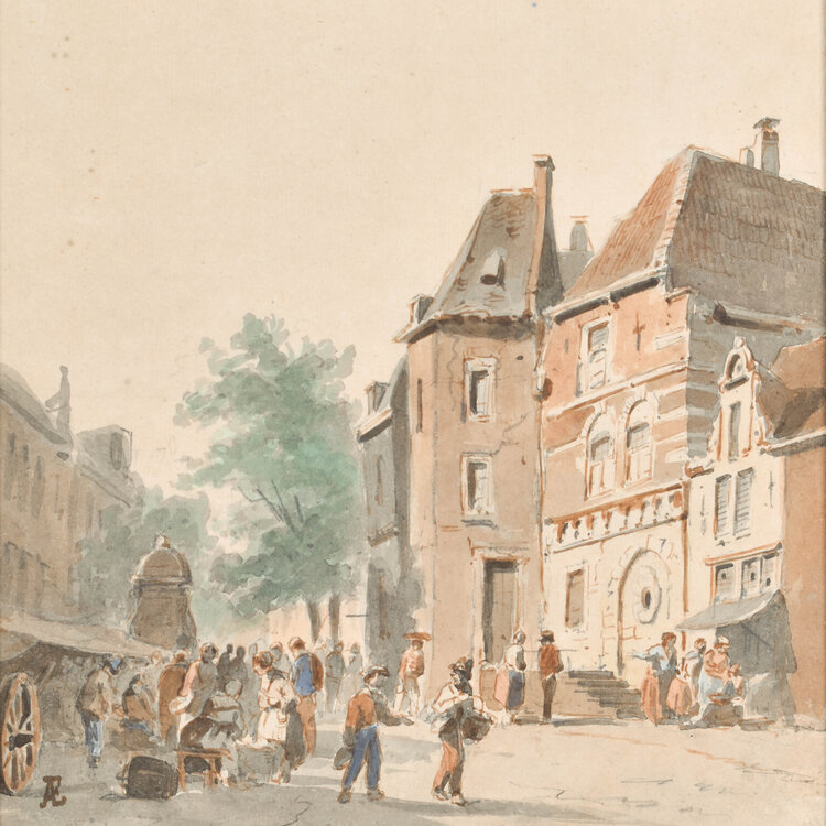 Adrianus Eversen (1818-1897) Stadsplein met figuren